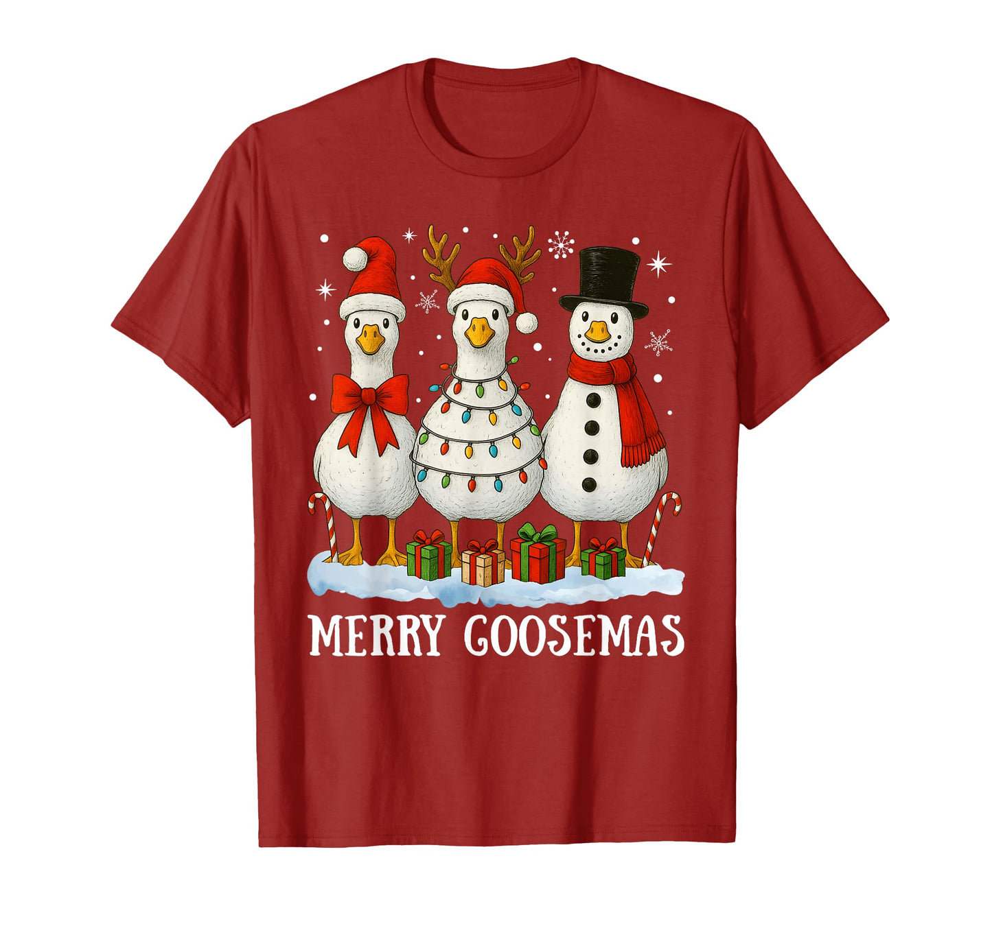 Funny Just A Merry Goosmas Santa Snowman Reindeer Goose T-Shirt