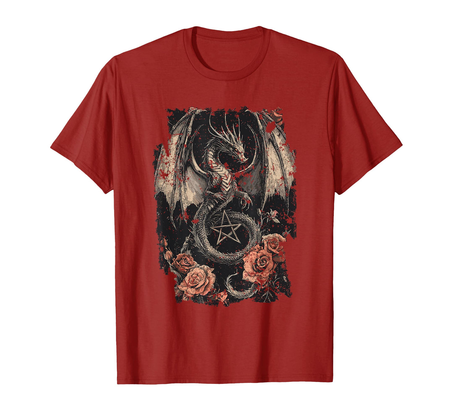 Dragon with Pentagram and Roses - Gothic Dragon T-Shirt