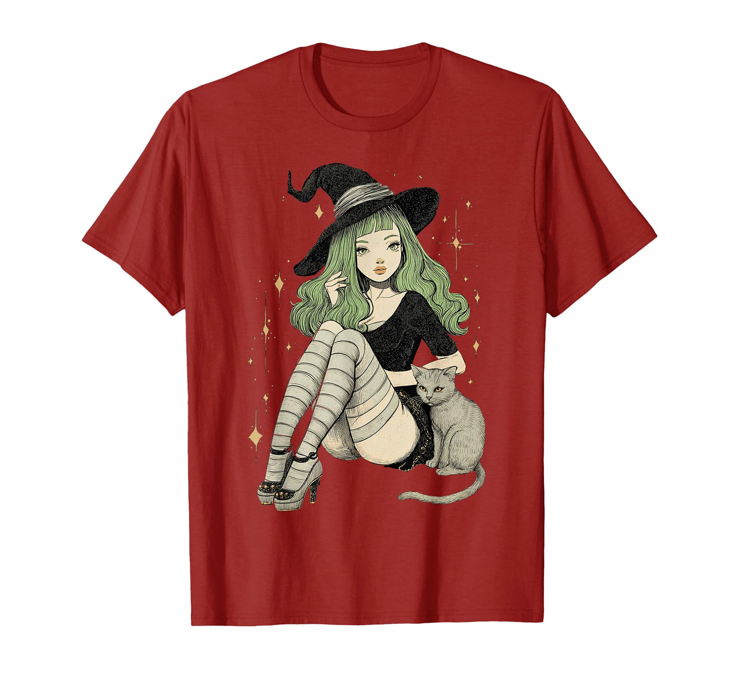 Sexy Witch Green Hair Black White Stripes Halloween Cat Mom T-Shirt