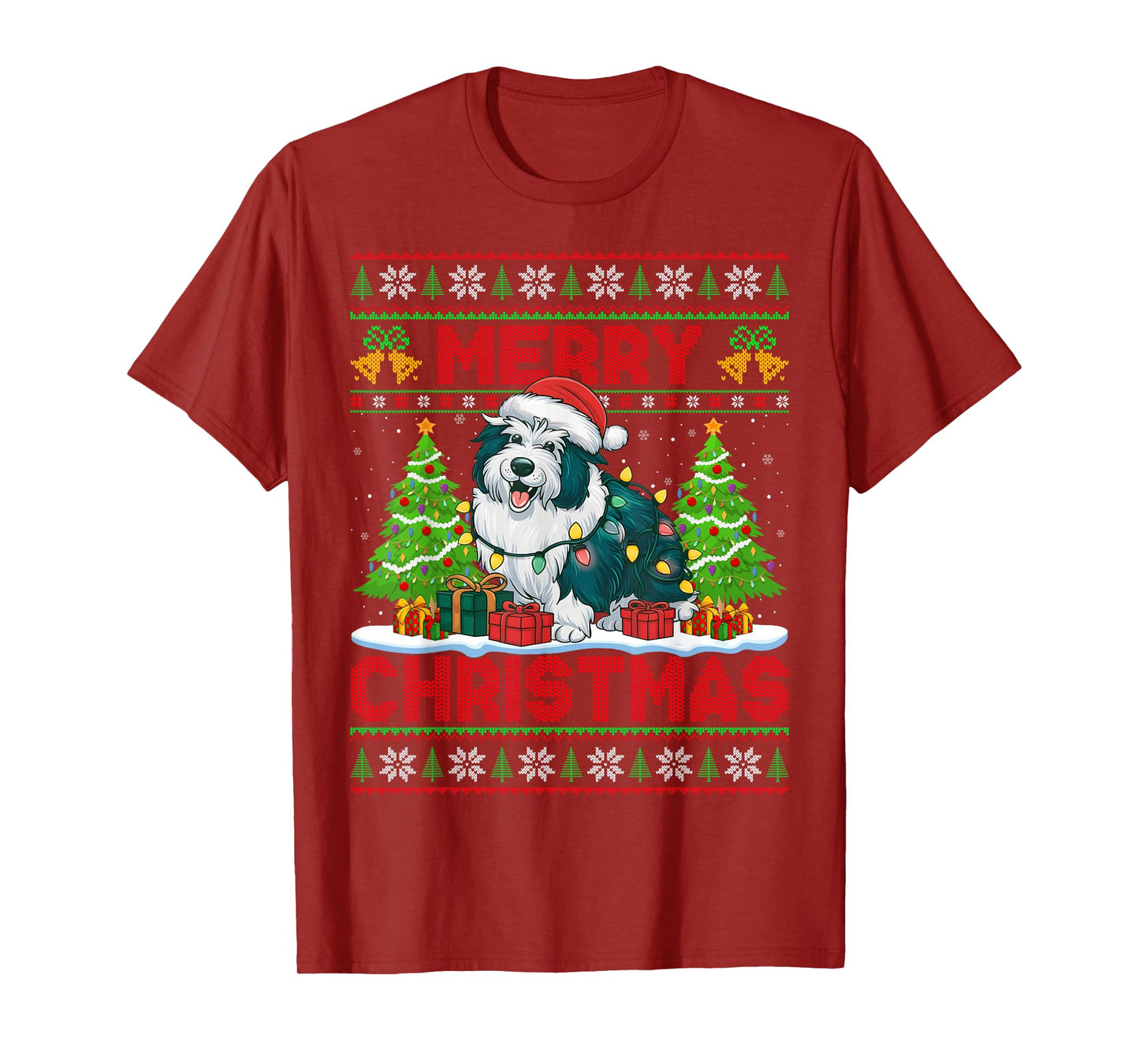 Sheepdog Ugly Christmas Sweaters Funny Pet Dog Lights Xmas T-Shirt