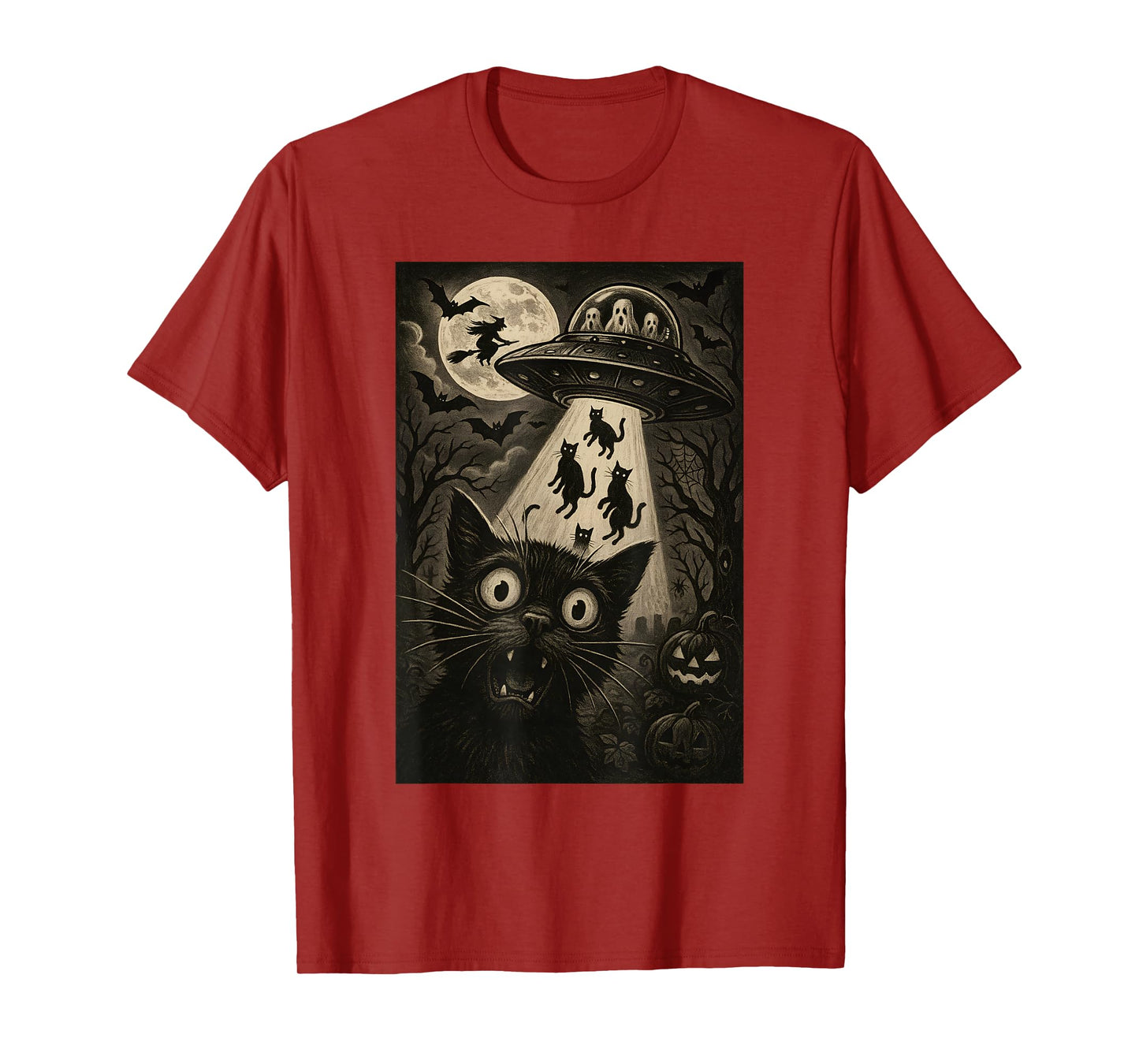 Halloween Cat Selfie Spooky Night Alien Abduction Cats UFO T-Shirt