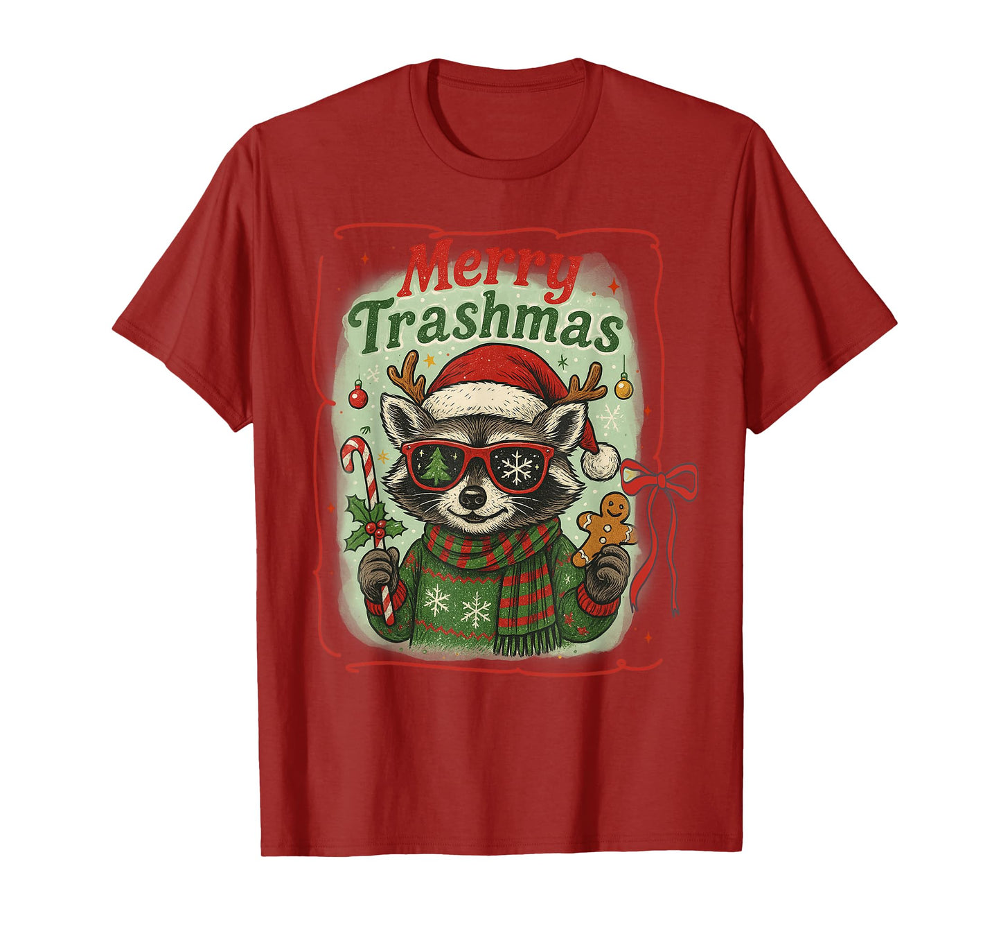 Vintage Raccoon Santa Hat Merry Trashmas Christmas Bow Xmas T-Shirt