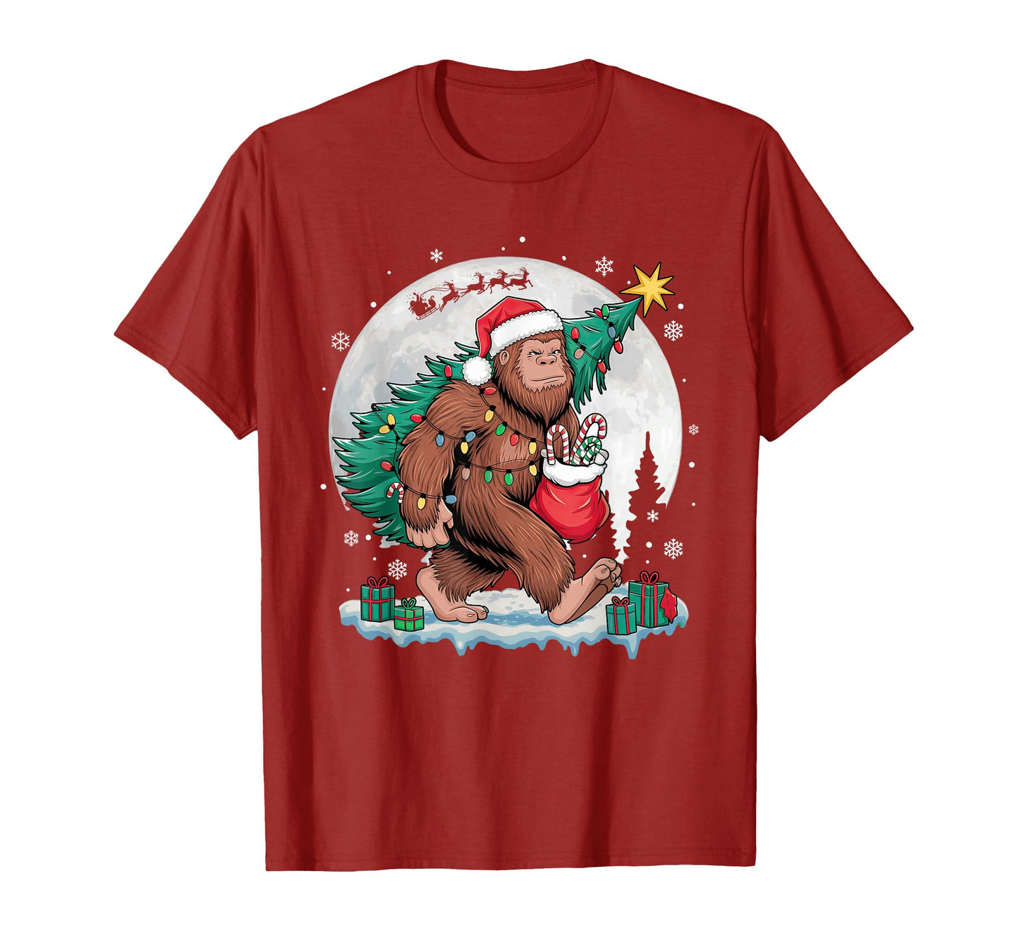 Christmas Bigfoot Santa Tree Sleigh Moon Funny Xmas Pajamas T-Shirt