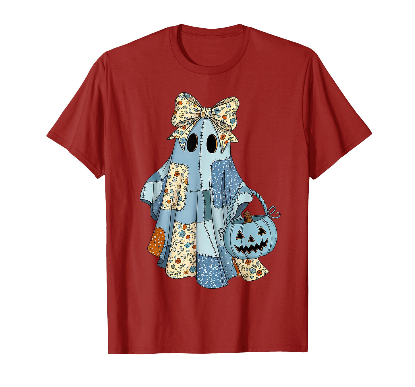 Retro Blue Denim Ghost Floral Patchwork Cute Boo Halloween T-Shirt