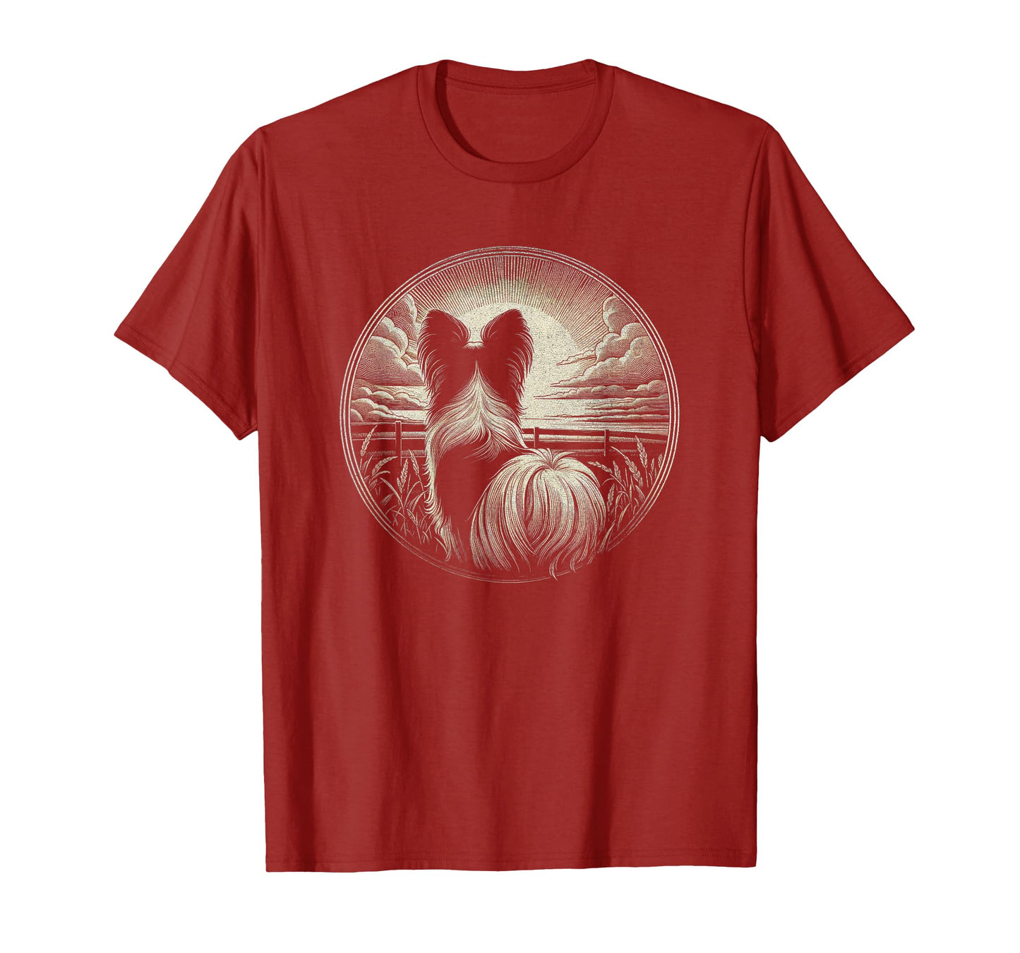 Vintage Papillon Dog Nature Scene Graphic Art Design T-Shirt