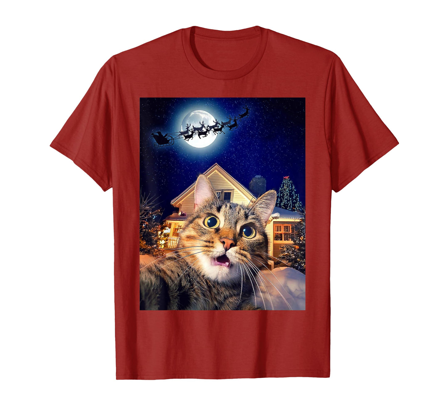 Cat Selfie with Santa, Reindeer, and Sleigh Funny Christmas T-Shirt