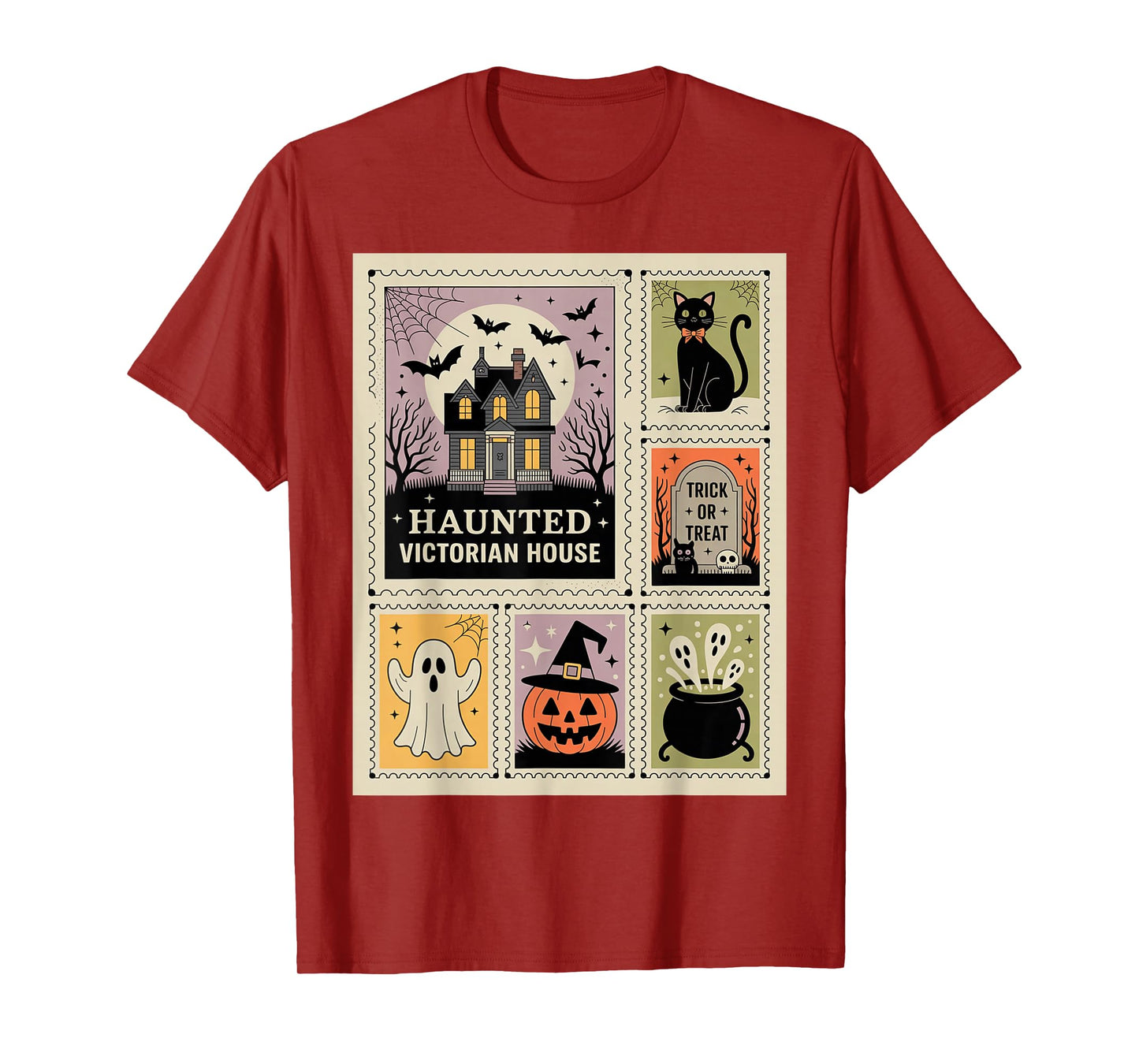 Halloween Postage Stamps Haunted House Cat Ghost Witch Grave T-Shirt