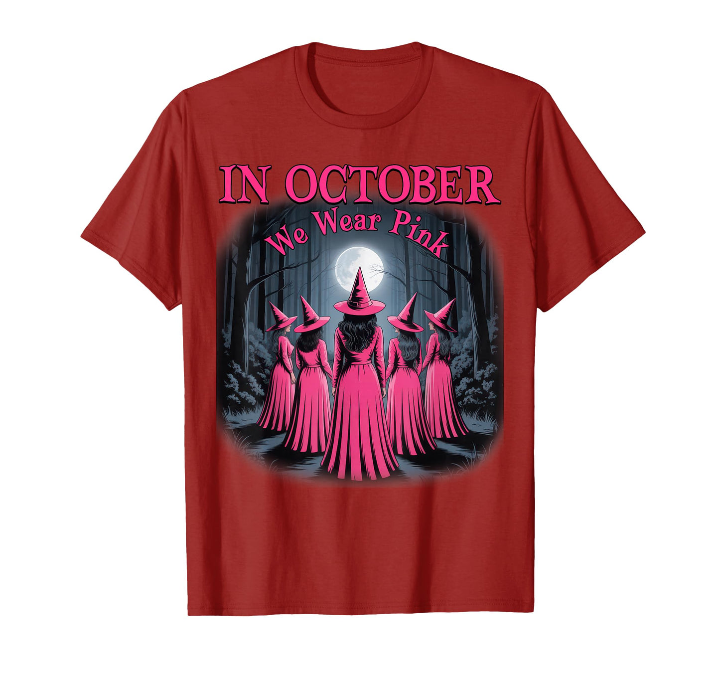 in October We Wear Pink Witch Halloween Breast Cancer Women T-Shirt