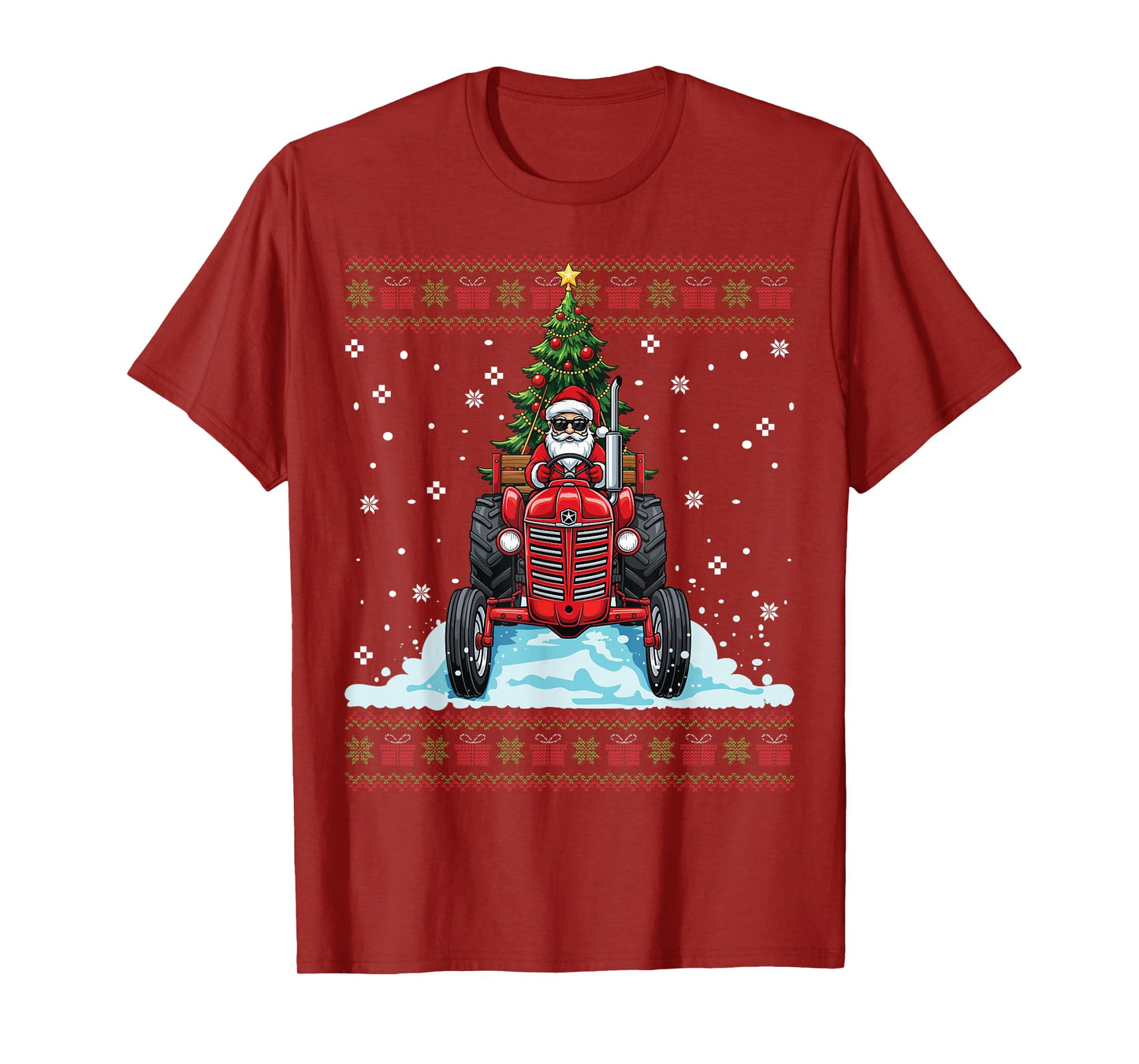 Santa Riding Tractor Christmas Tree Funny Ugly Christmas T-Shirt