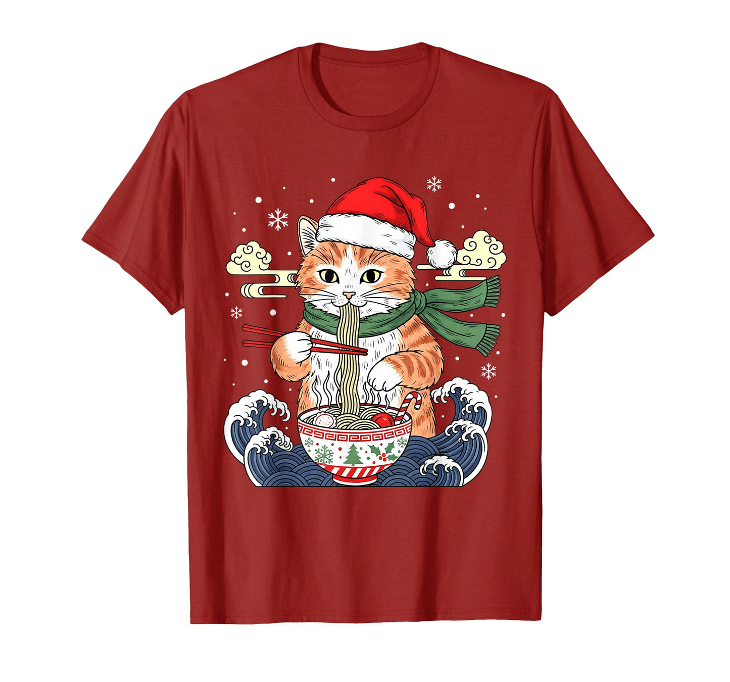 Funny Christmas Ramen Cat Eating Noodles Japanese Kawaii Cat T-Shirt