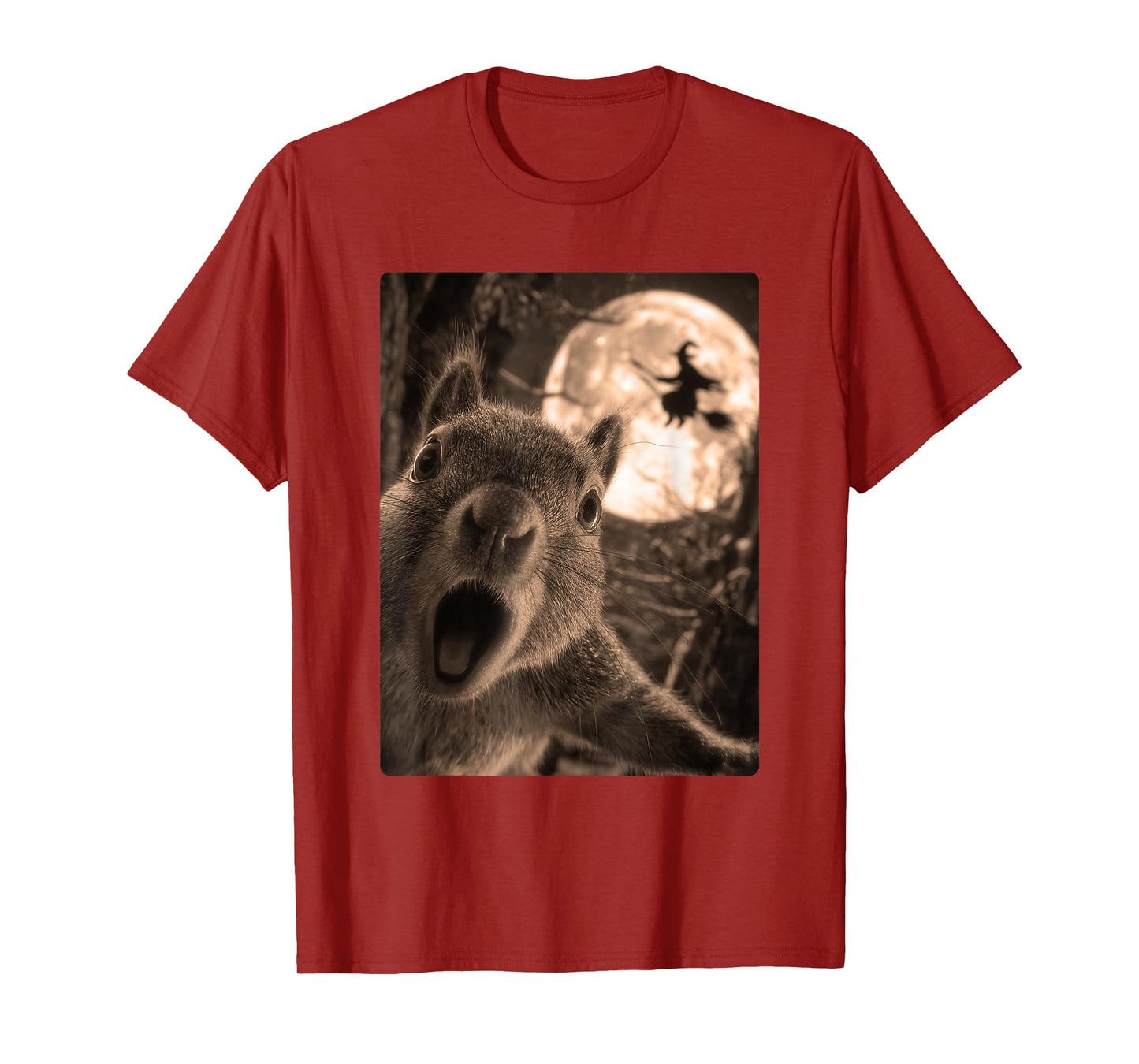 Funny Squirrel Selfie with Full Moon Flying Witch Halloween T-Shirt