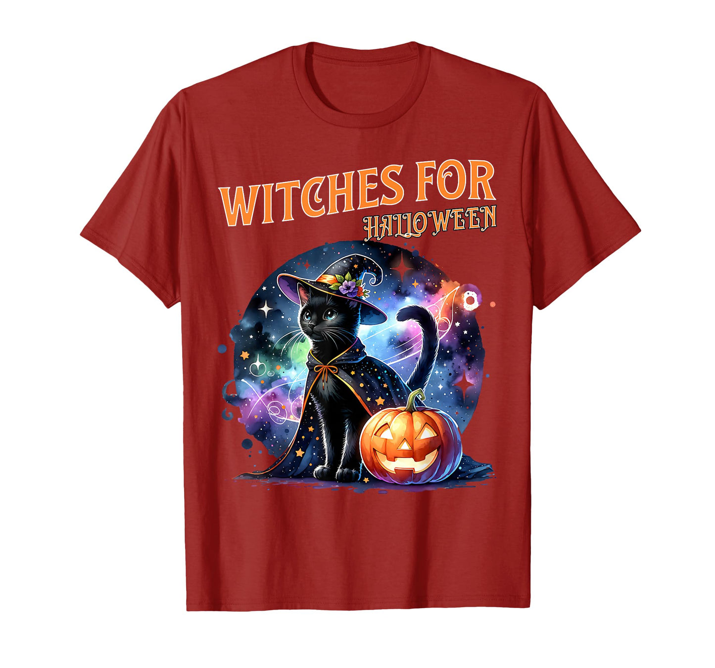 Witches for Halloween Starry Cat Pumpkin Magic Scene T-Shirt