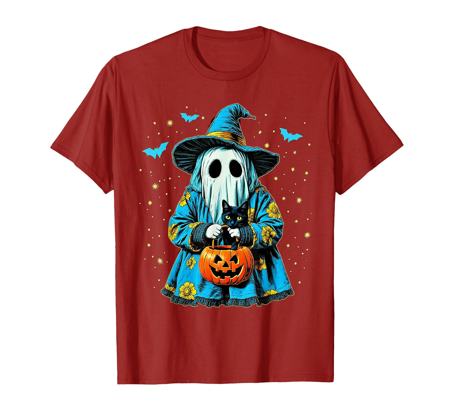 Ghost Holding Black Cat Lover Halloween 2025 Groovy Floral T-Shirt