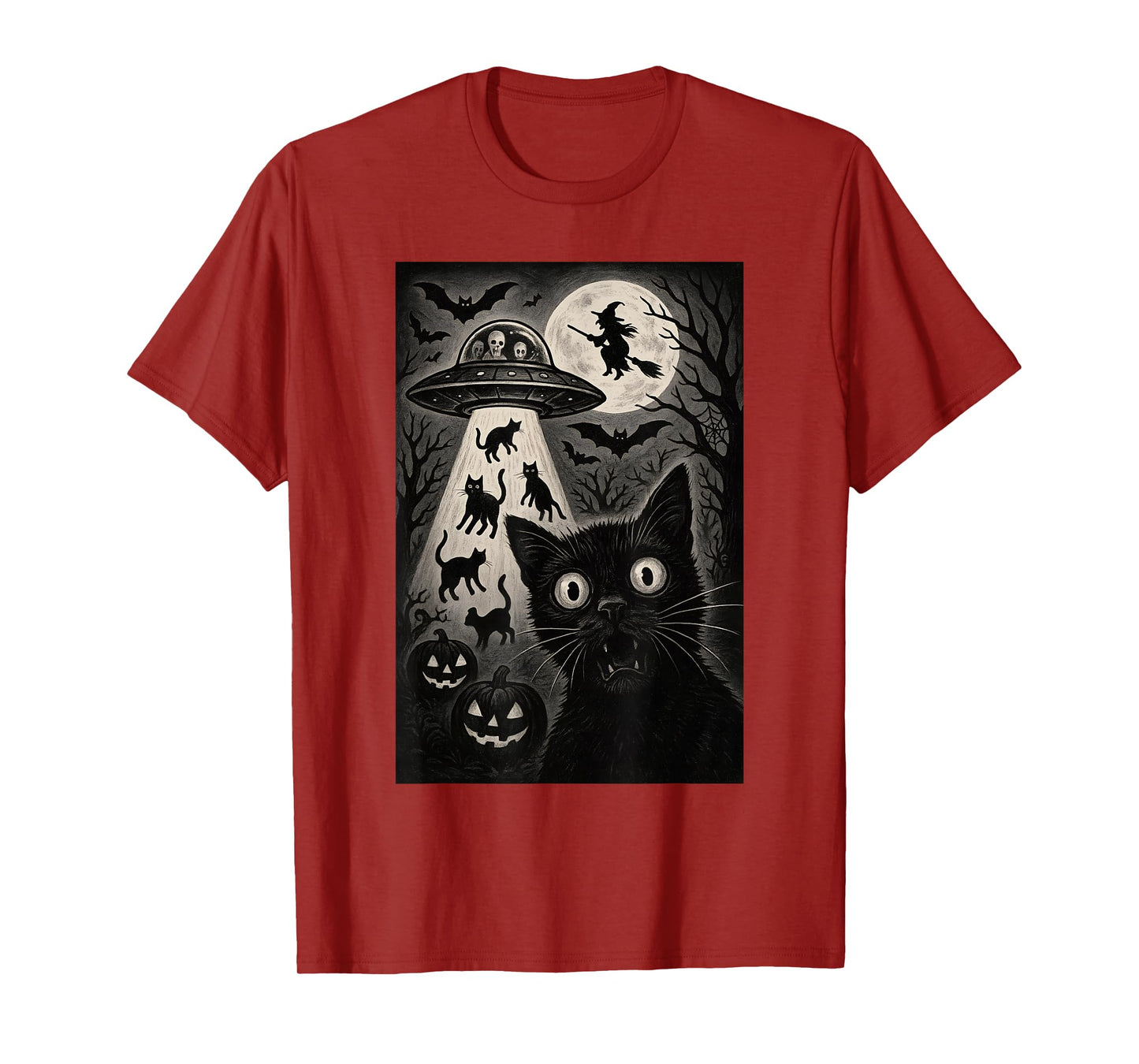 Halloween Cat Selfie Spooky Night Alien Abduction Cats UFO T-Shirt