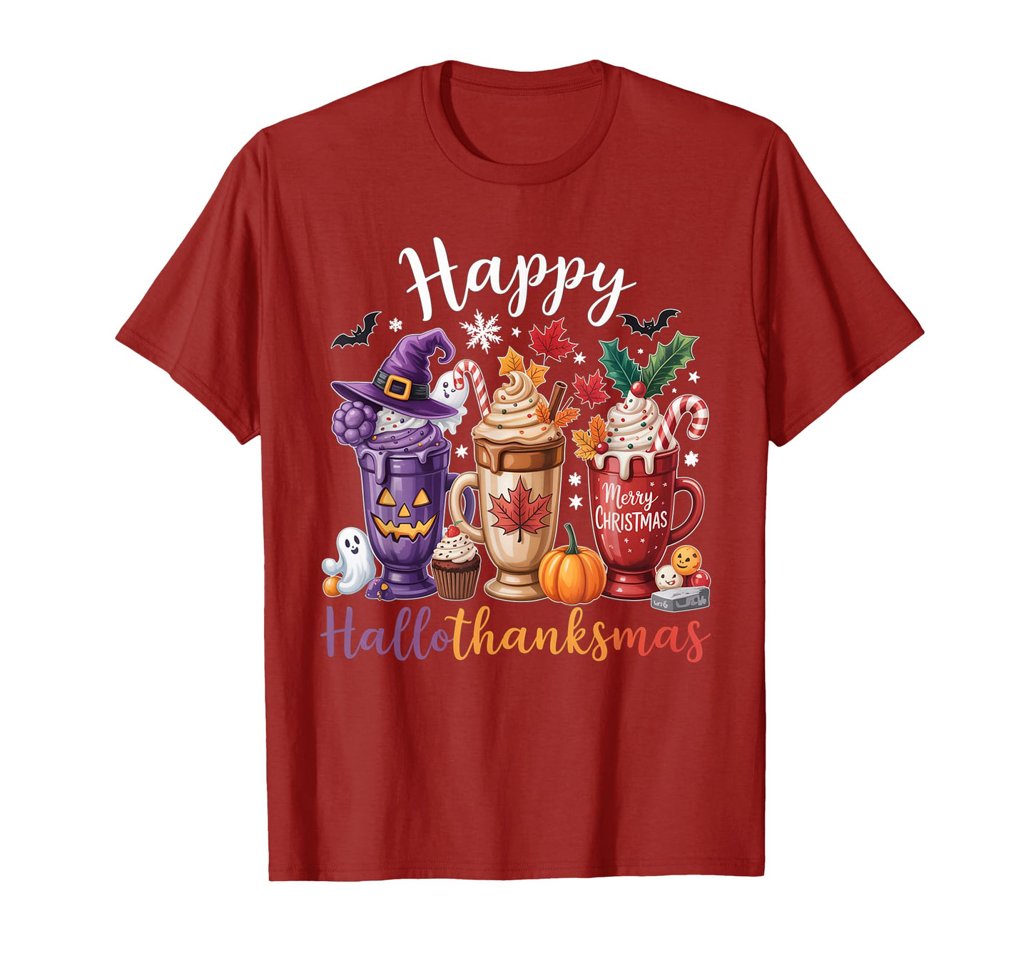 Happy Hallothanksmas Coffee Lover Halloween Merry Christmas T-Shirt