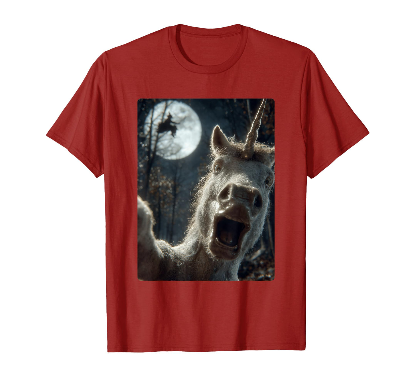 Funny Unicorn Selfie Full Moon Flying Witch Forest Halloween T-Shirt