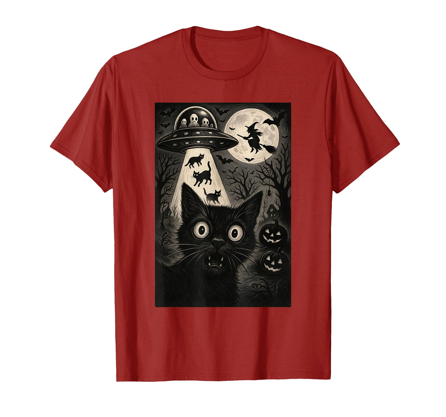 Halloween Cat Selfie Spooky Alien Abduction Cats UFO Flying T-Shirt