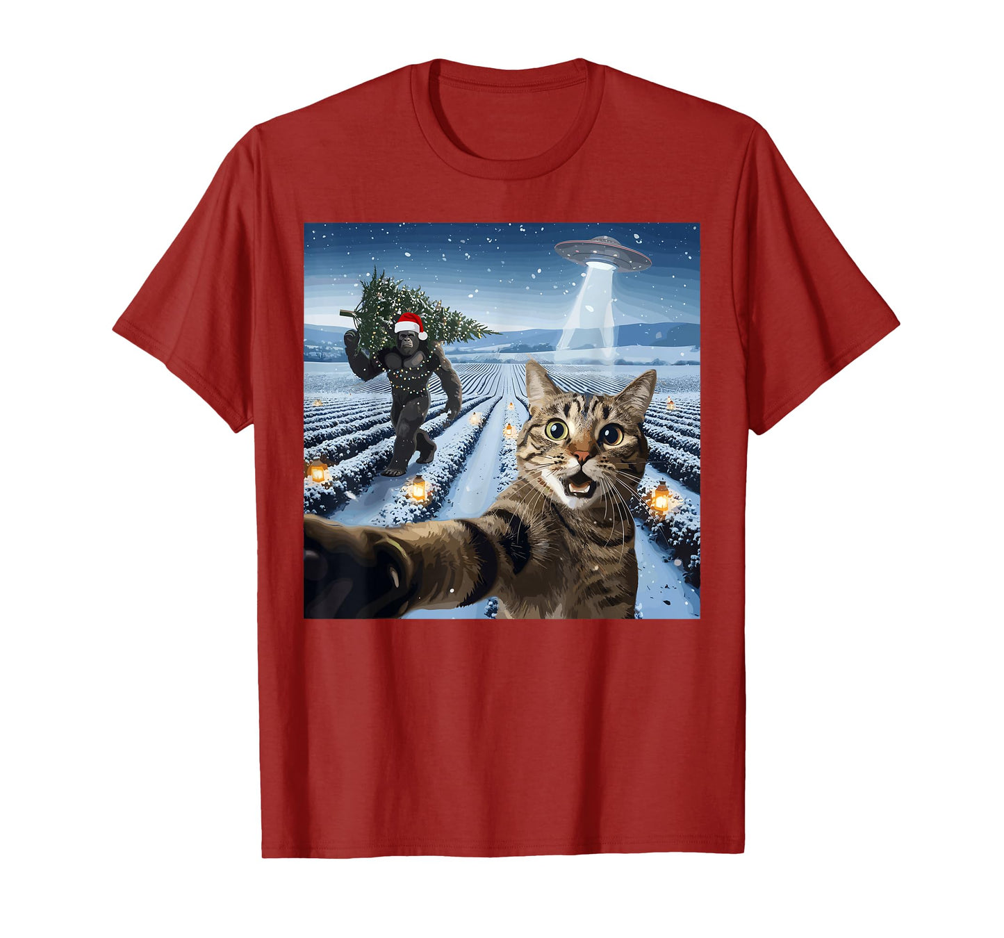 Christmas Cat Selfie Bigfoot UFO Winter Lights T-Shirt