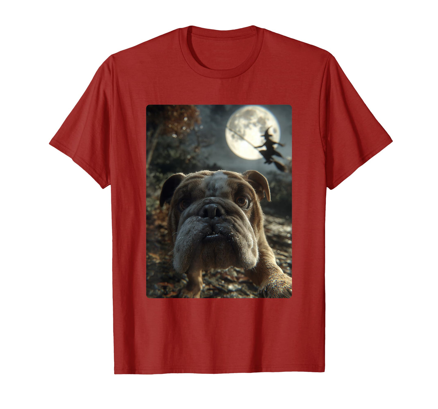 British Bulldog Selfie Full Moon Flying Witch Halloween Dog T-Shirt