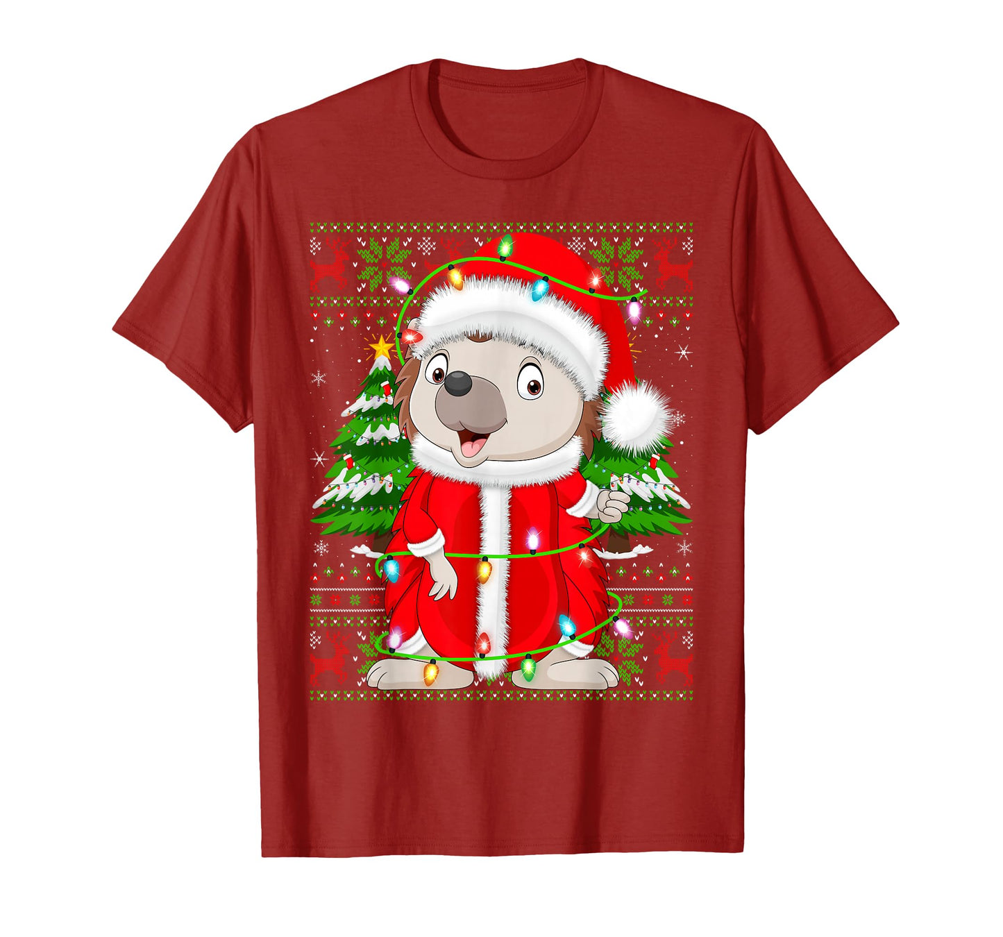 Hedgehog Christmas Lights Santa Costume Ugly Xmas Sweaters T-Shirt