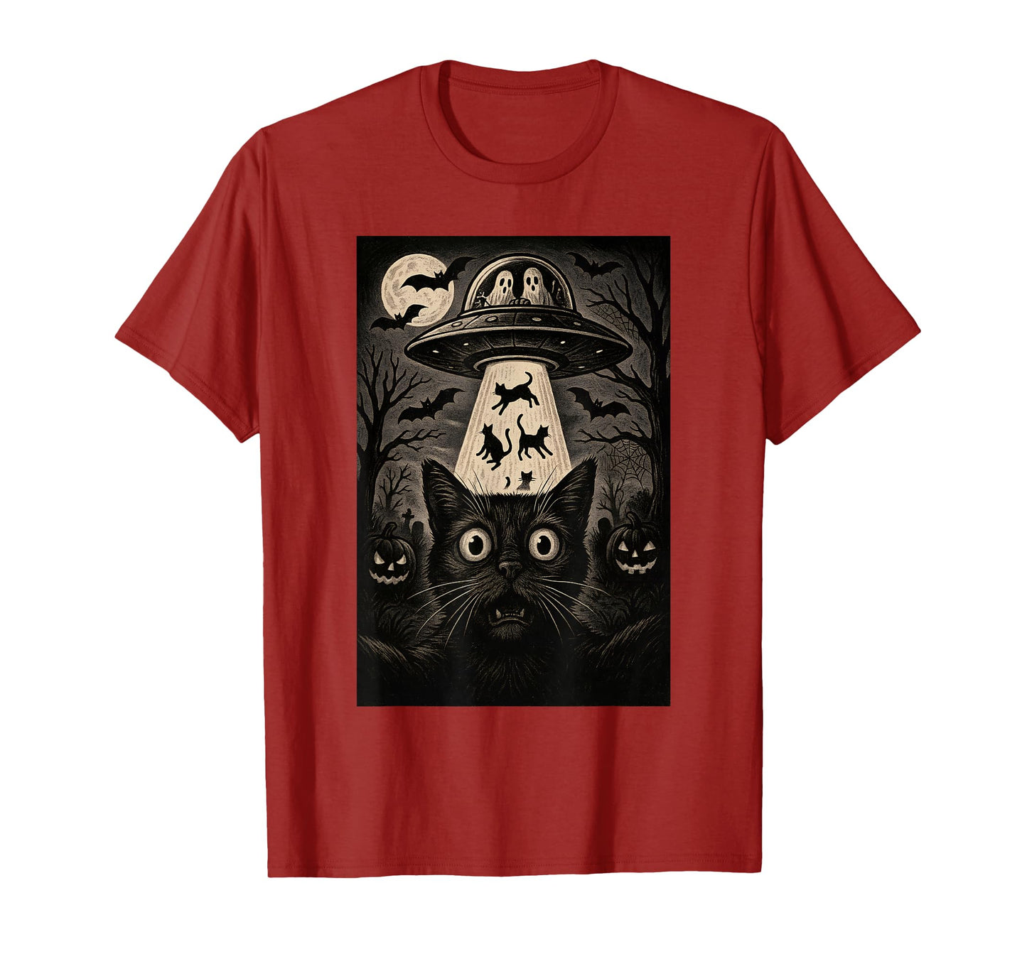 Halloween Cat Selfie Spooky Night Alien Abduction Cats UFO T-Shirt