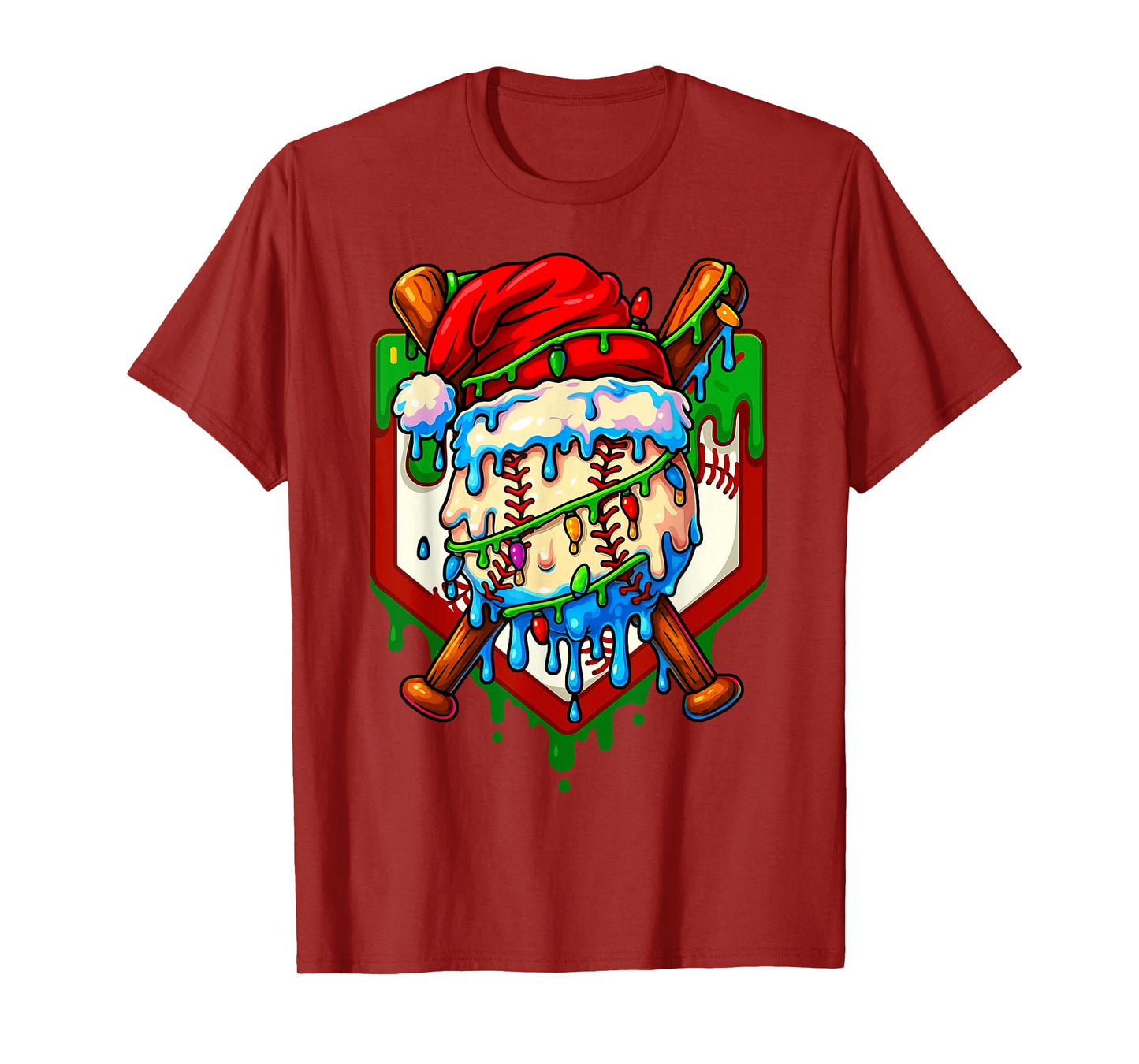 Christmas Baseball Ice Cream Drip Santa Baseball Player Kids T-Shirt