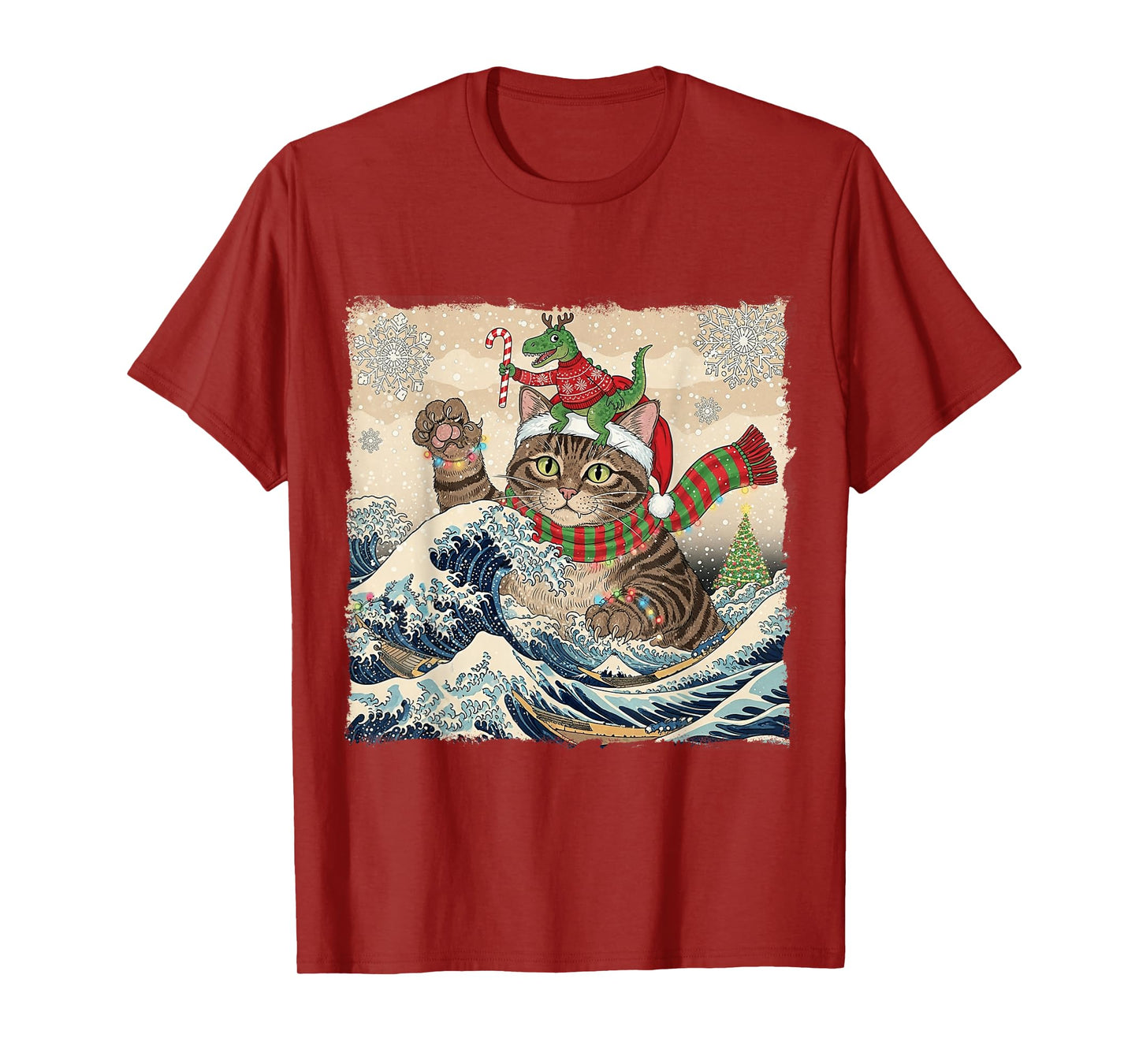 Catzilla Christmas with Cute Dino Cat Funny Holiday Wave T-Shirt