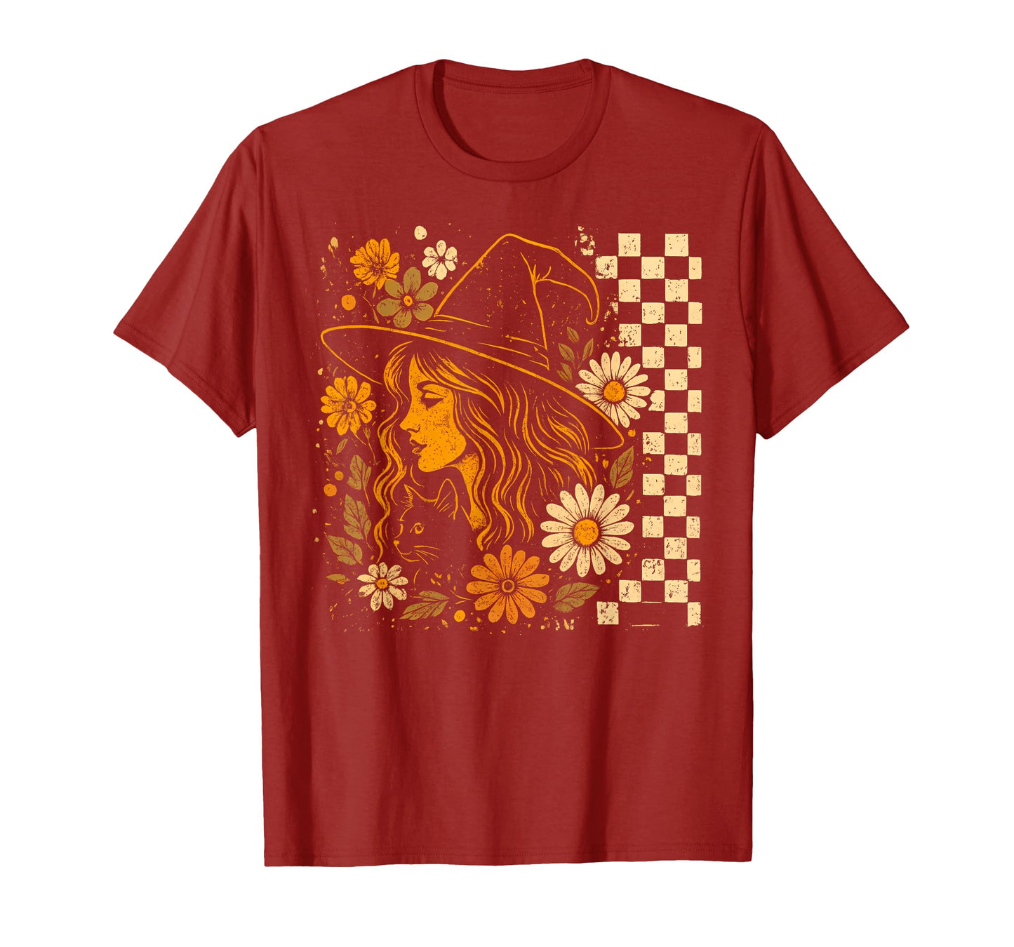 Witchy Boho Woman Hat Retro Floral Halloween Artwork T-Shirt