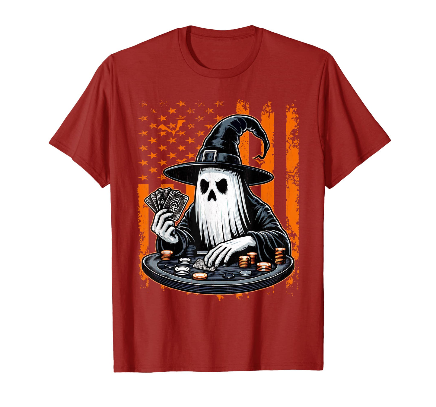 Poker Ghost Halloween Scary Costume Poker Player USA Flag T-Shirt