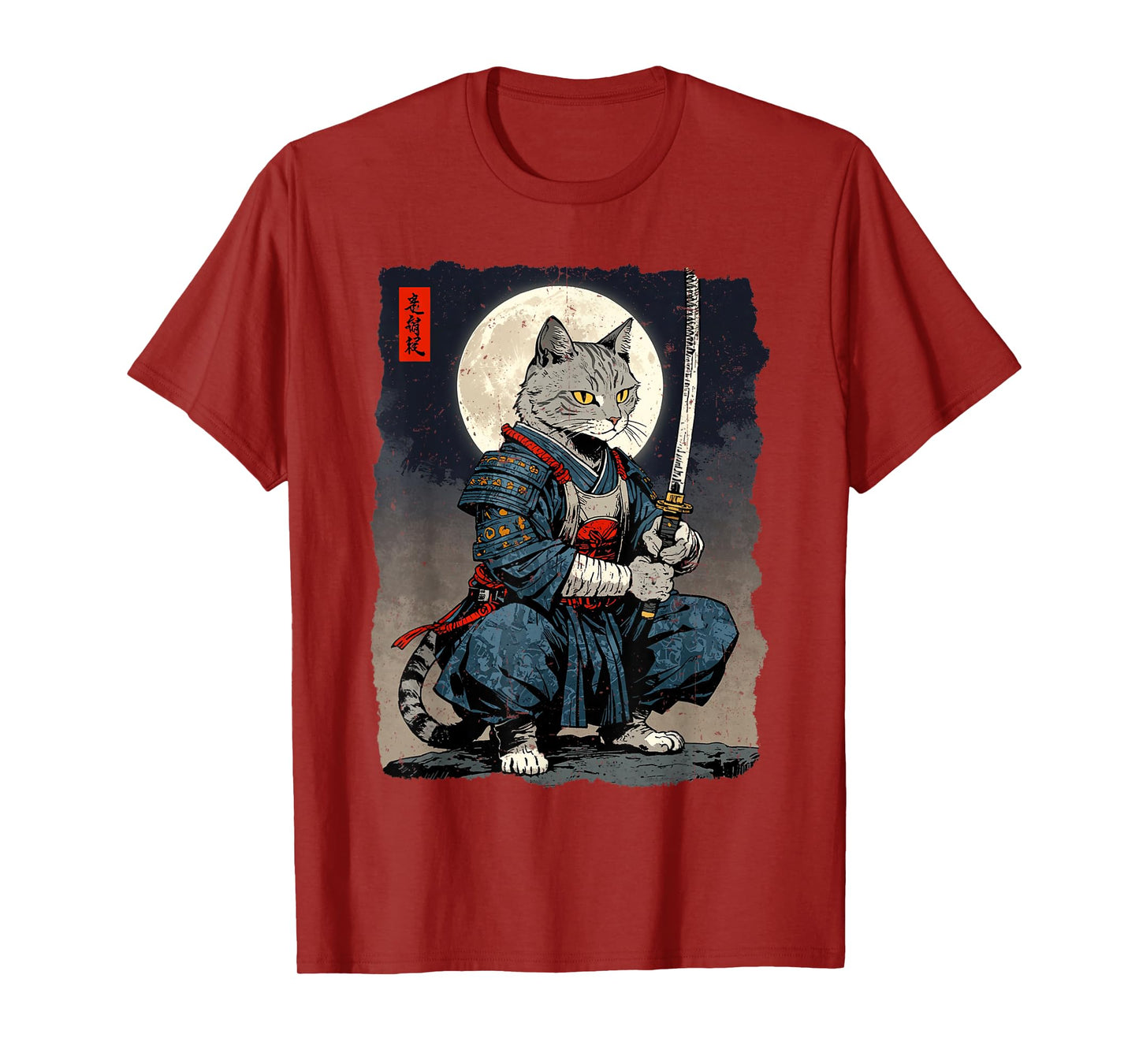 Samurai Cat Japanese Retro Fighter Cat Moon Ukiyo-e Warrior T-Shirt