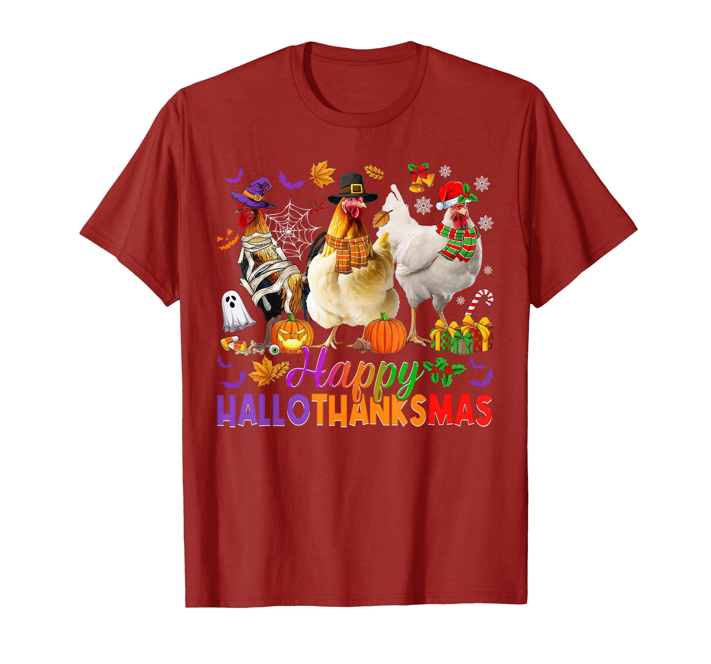 Happy Hallothanksmas Halloween Thanksgiving Xmas Chickens T-Shirt