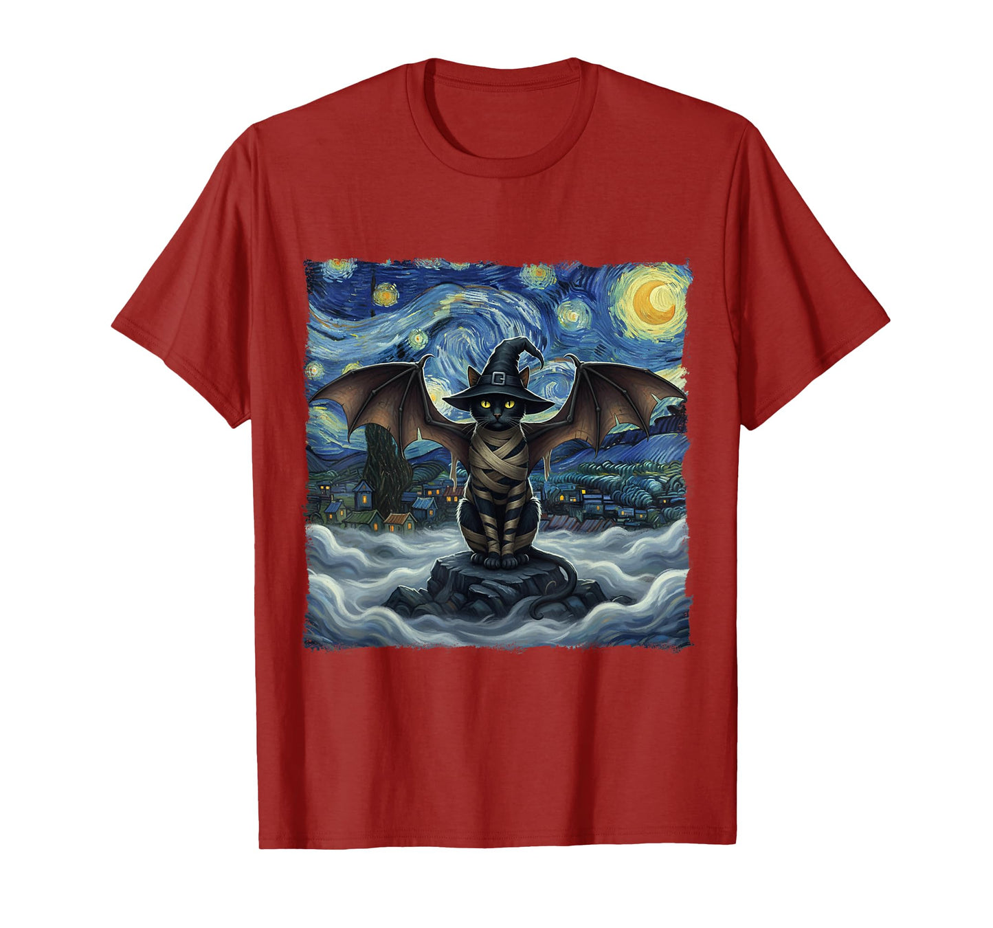 Cat Halloween Cat Starry Night Vampire Cat with Bat Wings T-Shirt