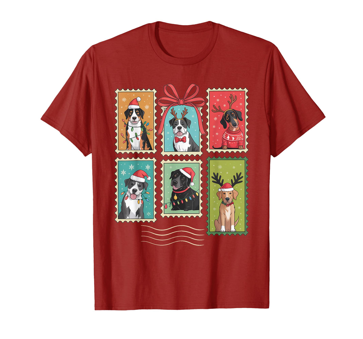 Cute Christmas Dogs Stamp Holiday Santa Hat & Reindeer Dog T-Shirt