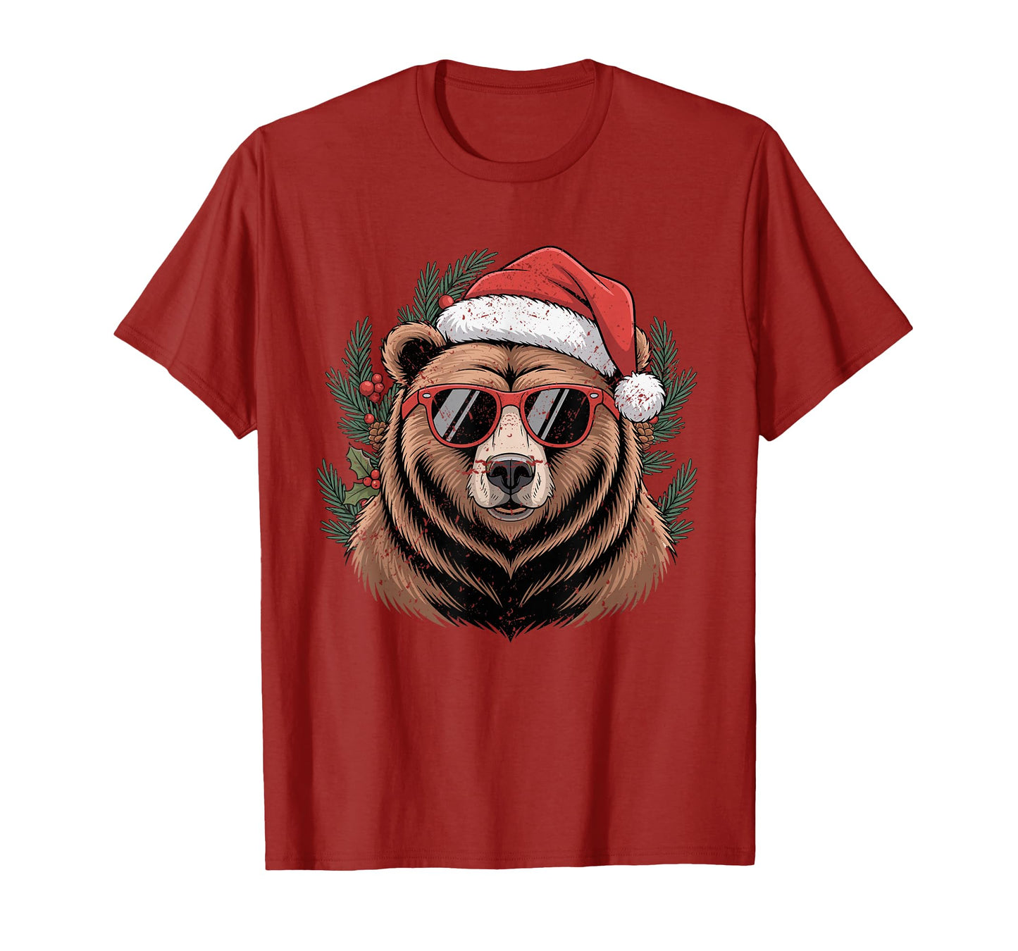 Santa Bear with Sunglasses Surrounded by Pine Branches T-Shirt