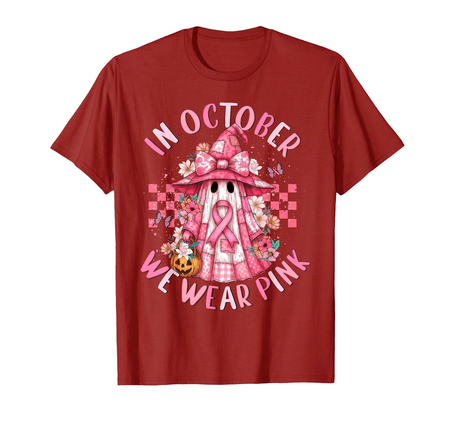 in October We Wear Pink Ghost Witch Breast Cancer Awareness T-Shirt