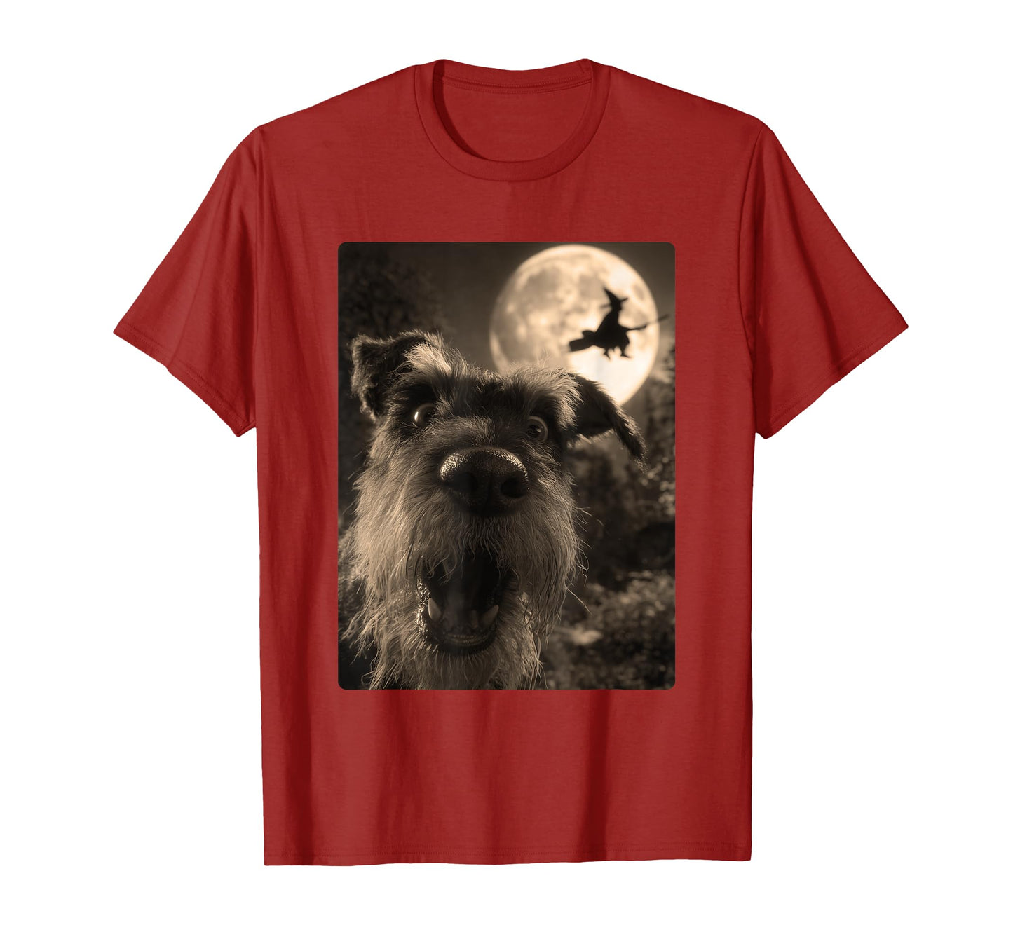 Funny Schnauzer Selfie Full Moon Flying Witch Halloween Dog T-Shirt