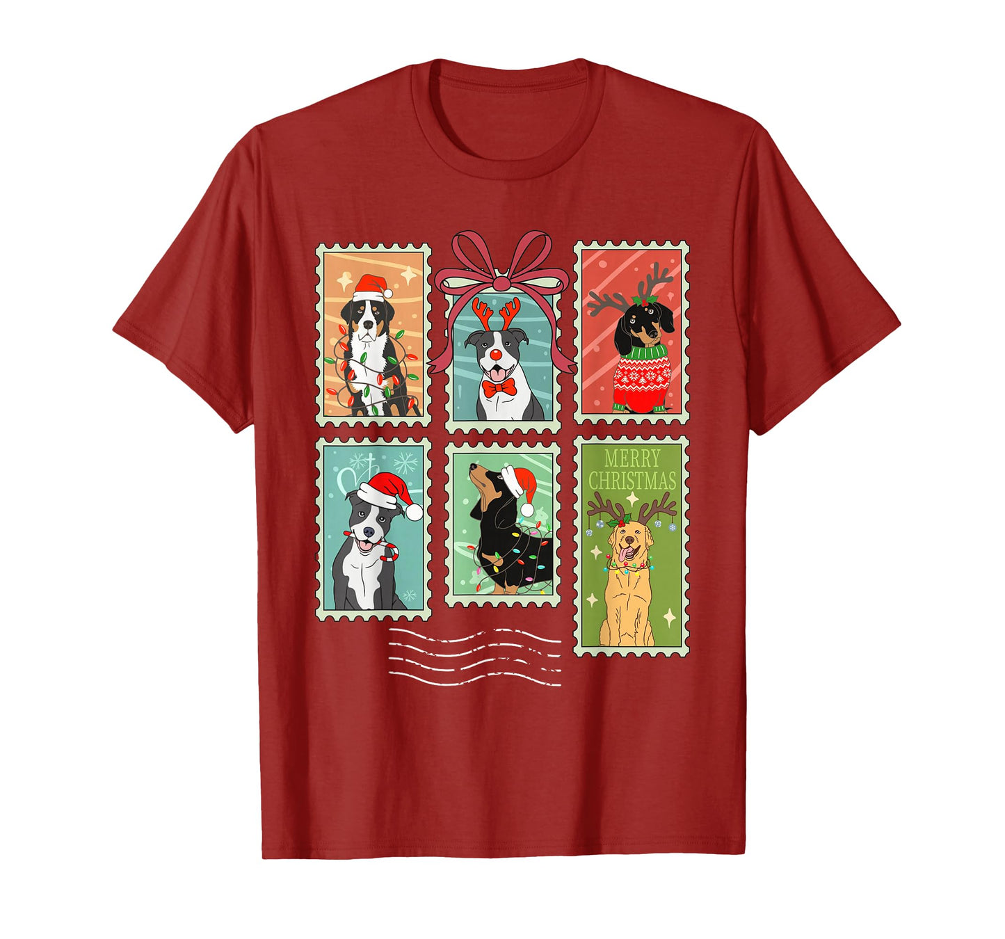 Cute Christmas Dogs Stamp Holiday Santa Hat & Reindeer Dog T-Shirt