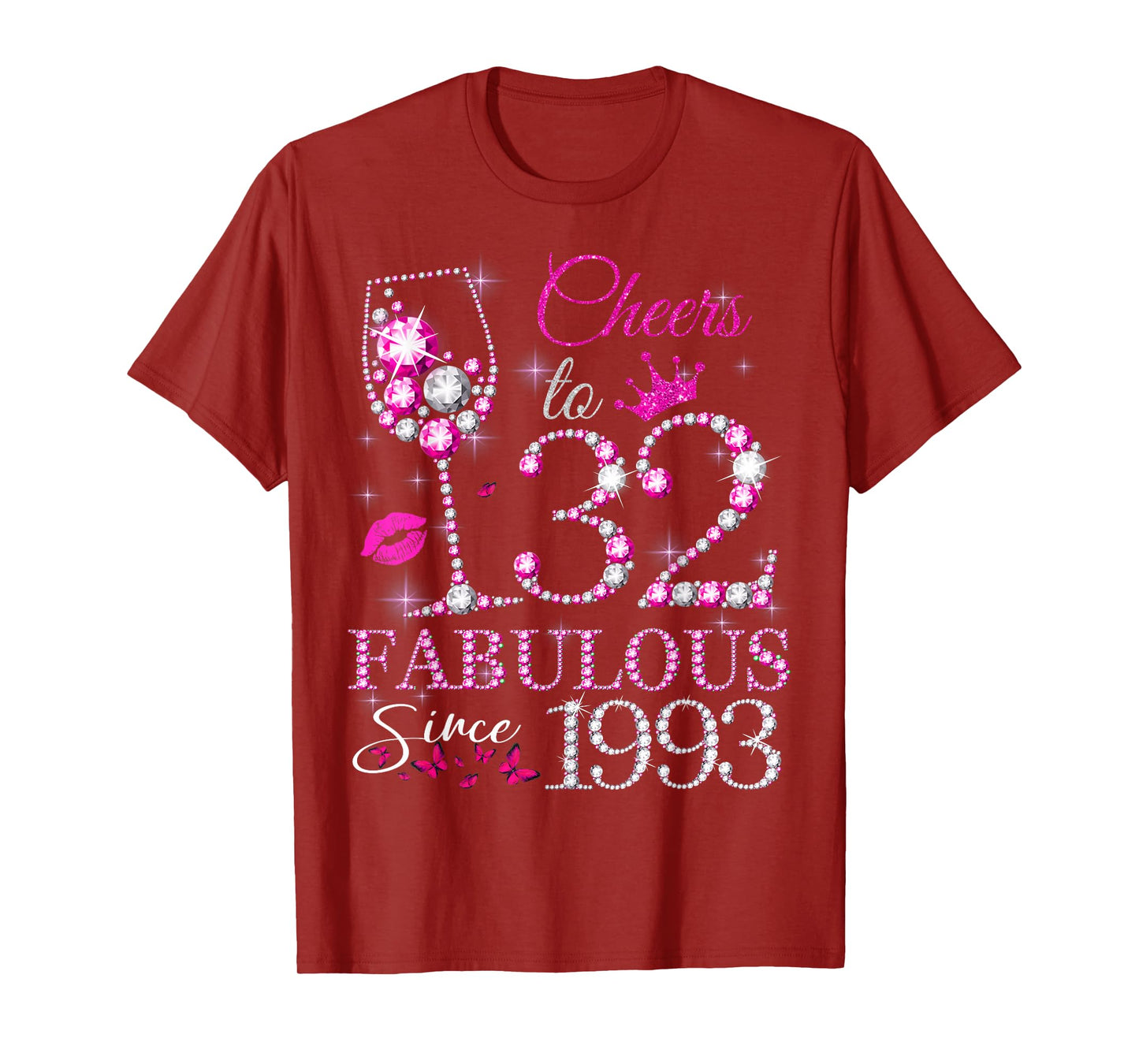 Womens Cheers to 32 Years Old EST 1993 32nd Birthday Queen T-Shirt