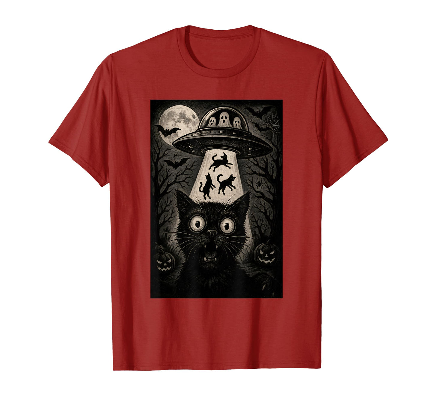Halloween Cat Selfie Scary Alien Abduction Cats UFO Flying T-Shirt