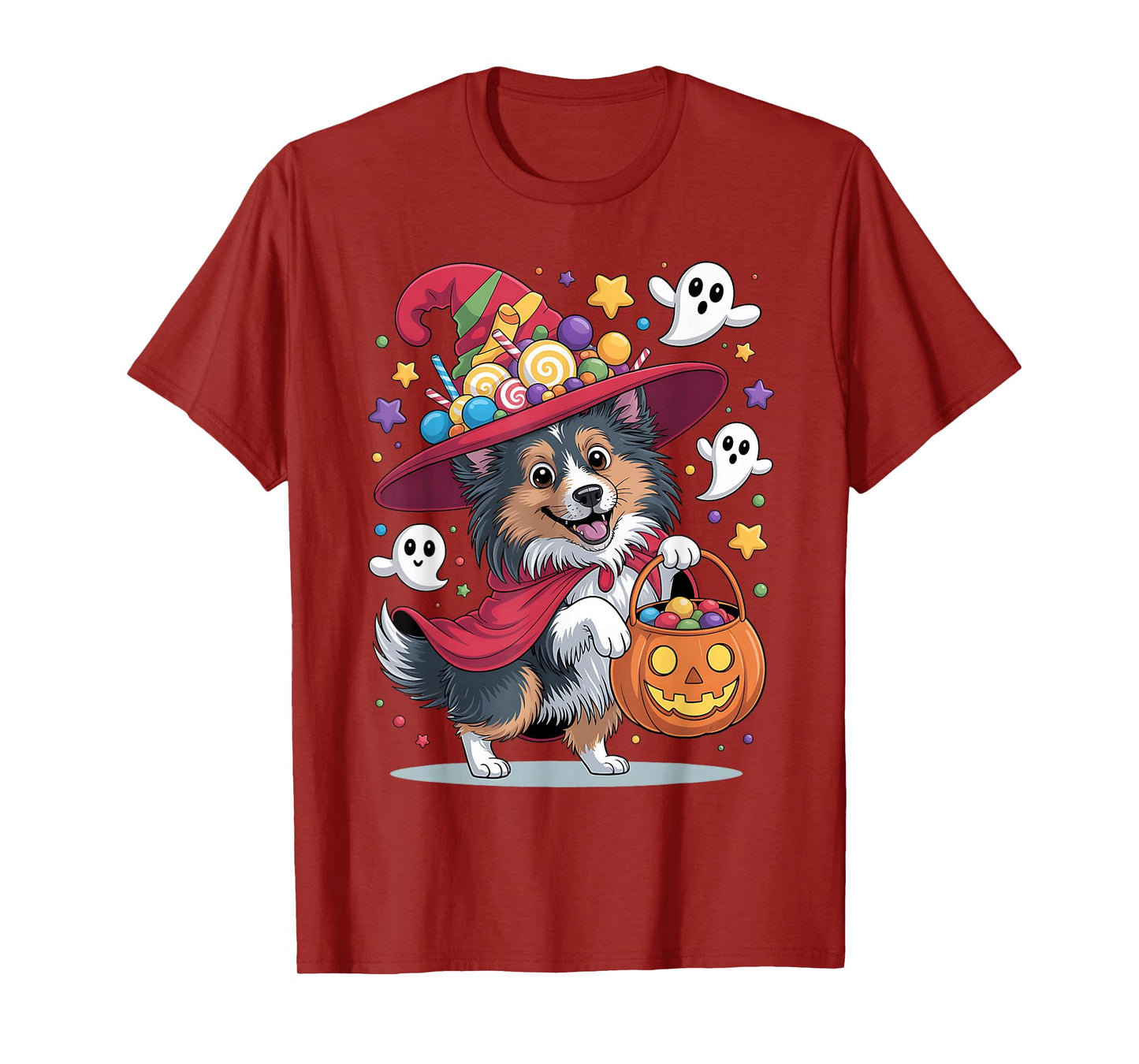 Shetland Sheepdog Dog Pumpkin Ghost Candy Witch Halloween T-Shirt