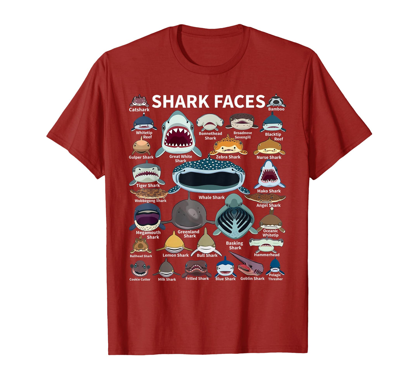 Shark Faces - Type of Shark - Shark Faces of All Kinds T-Shirt