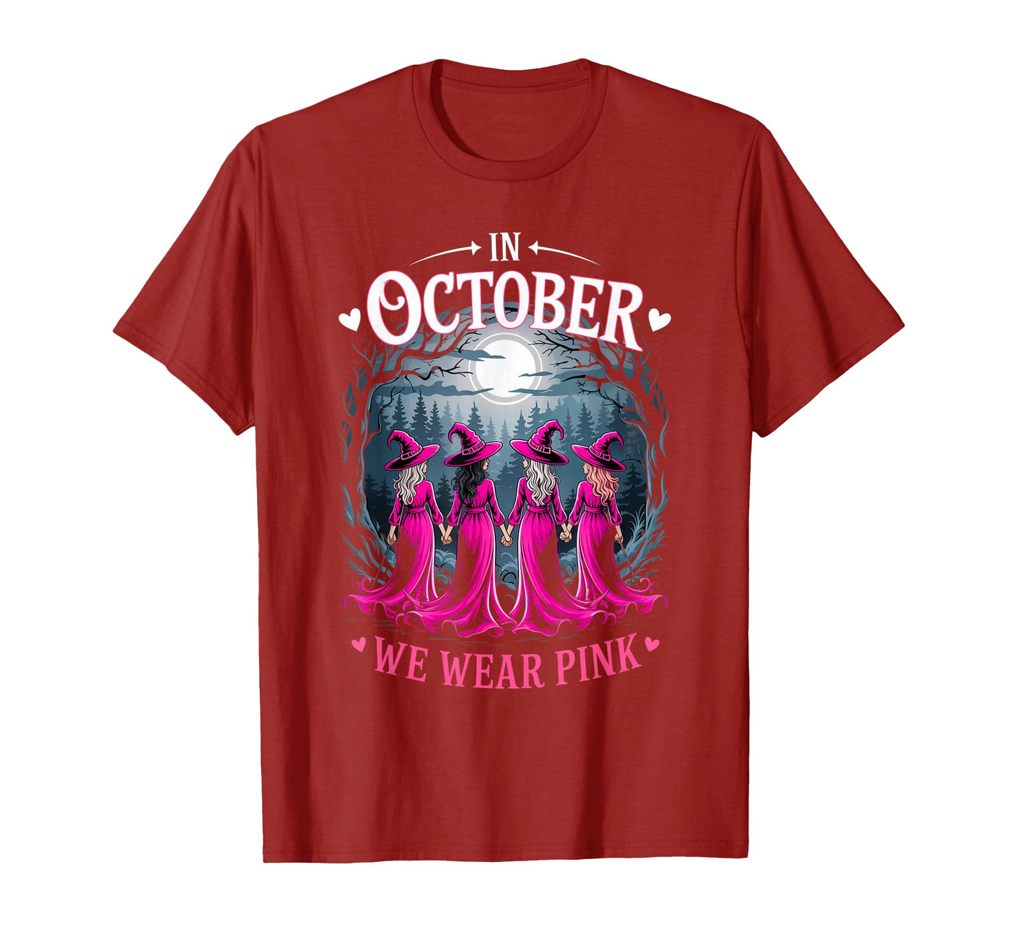 in October We Wear Pink Retro Witch Breast Cancer Awareness T-Shirt