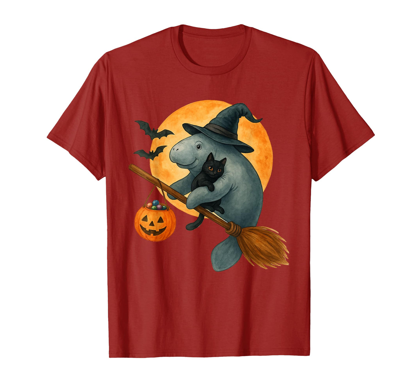 Retro Manatee Witch Hat Black Cat Pumpkin Halloween Costume T-Shirt
