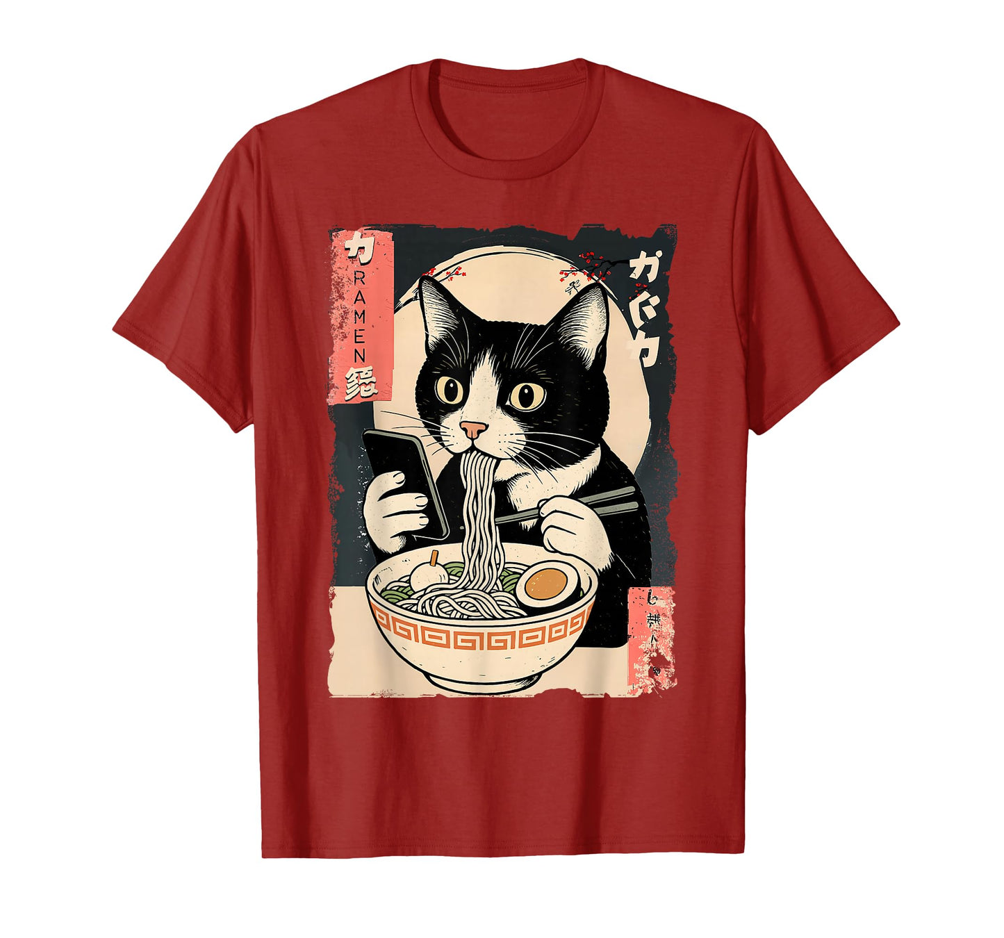 Funny Cat Eating Ramen and Scroll Phone Anime Japanese T-Shirt