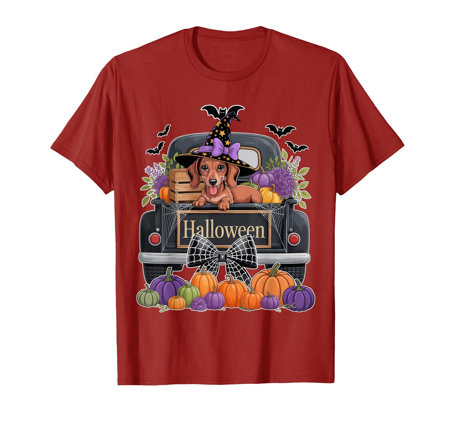 Funny Dachshund Witch Hat Truck Pumpkin Dog Lovers Halloween T-Shirt
