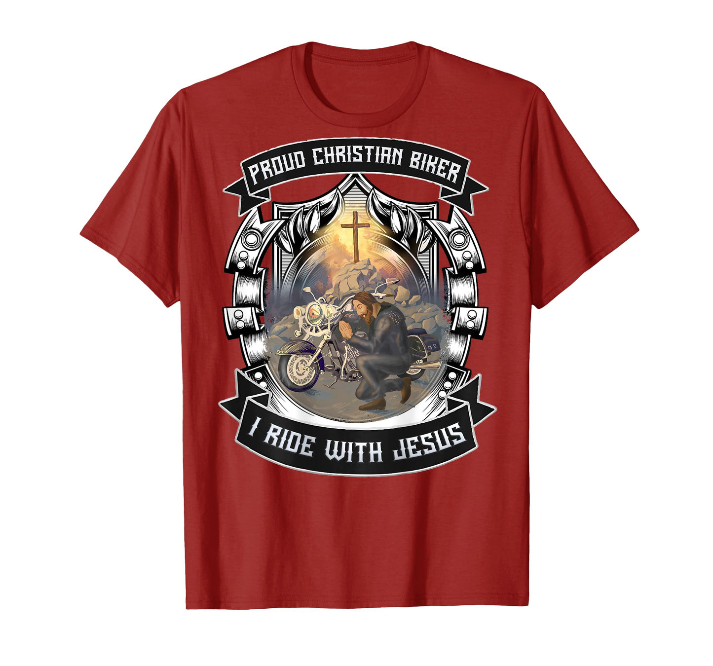 Christian Biker I Ride With Jesus Artwork Motorcycle Prayer T-Shirt