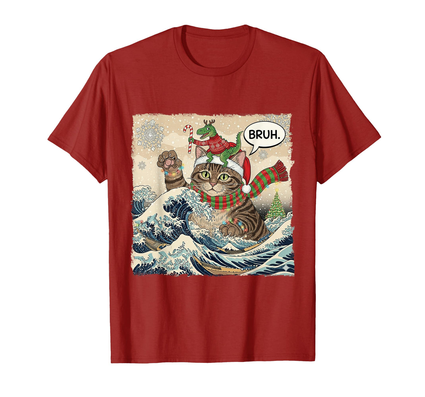 Bruh Funny Catzilla Cat Dinosaur Christmas Wave Japanese Art T-Shirt