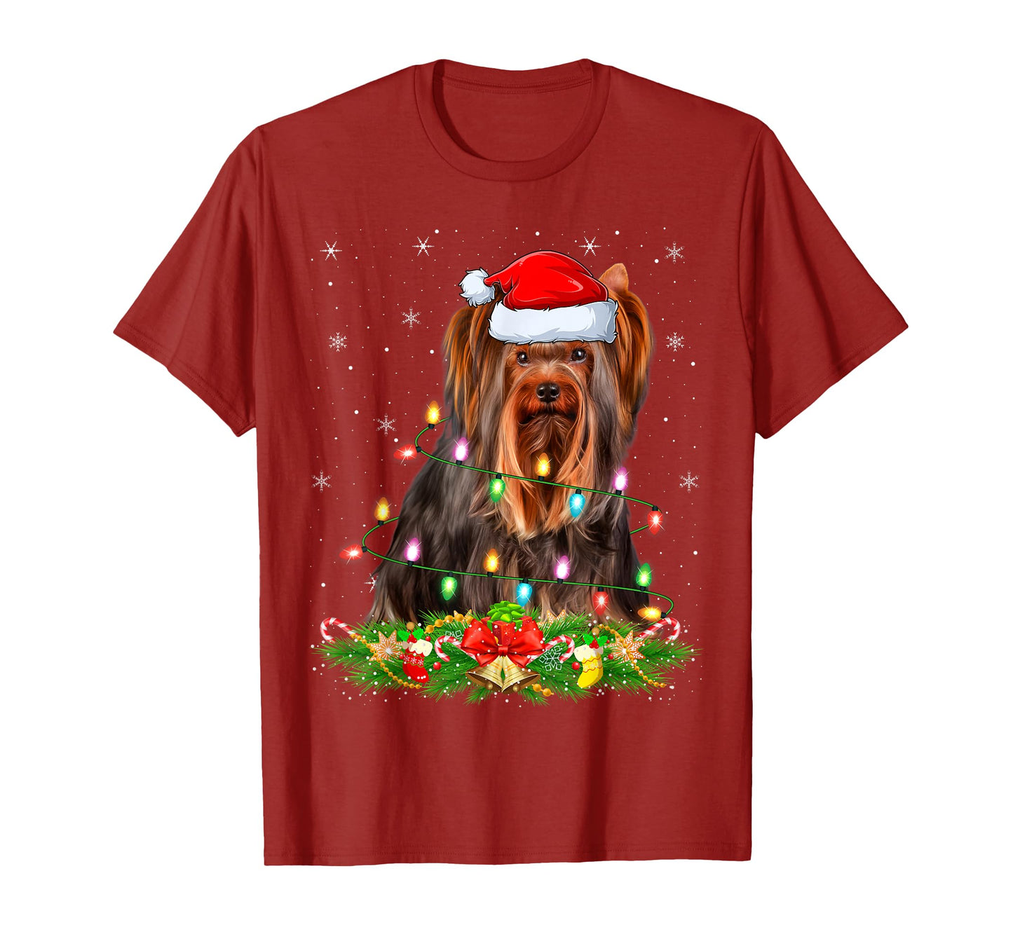 Yorkshire Terrier Dog Christmas Lights Funny Santa Hat Xmas T-Shirt