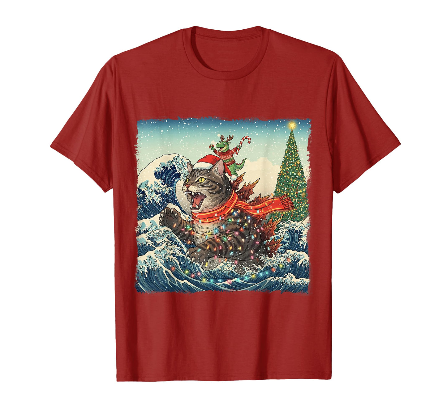Cat Spooky Catzilla Japanese with Dino T-Rex Christmas Wave T-Shirt