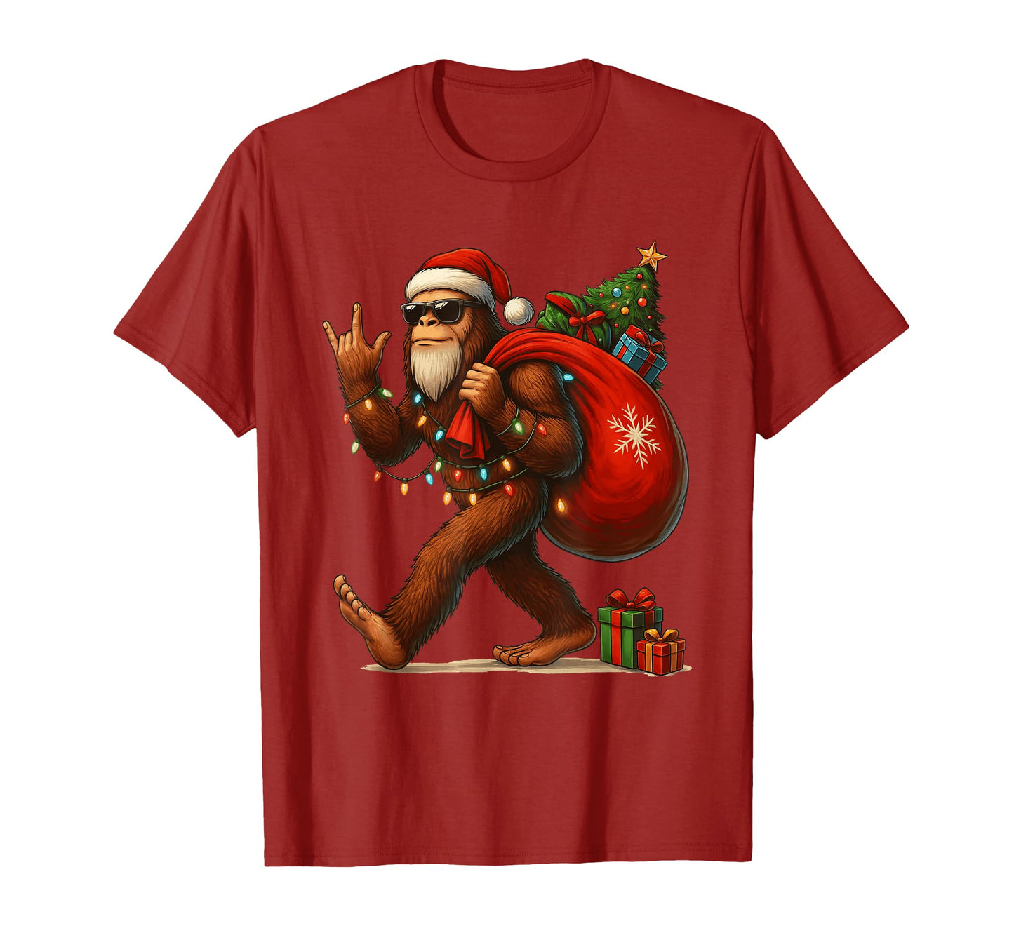 Santa Bigfoot Christmas Tree Lights Funny Sasquatch Believe T-Shirt
